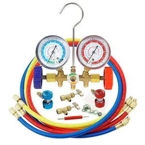 3 Way AC Manifold Gauge Set for R134A, R12, R22, R502, with Quick Couplers, Two Can Taps, Hoses, Valve Core Tool, for Automotive & Household AC Maintenance