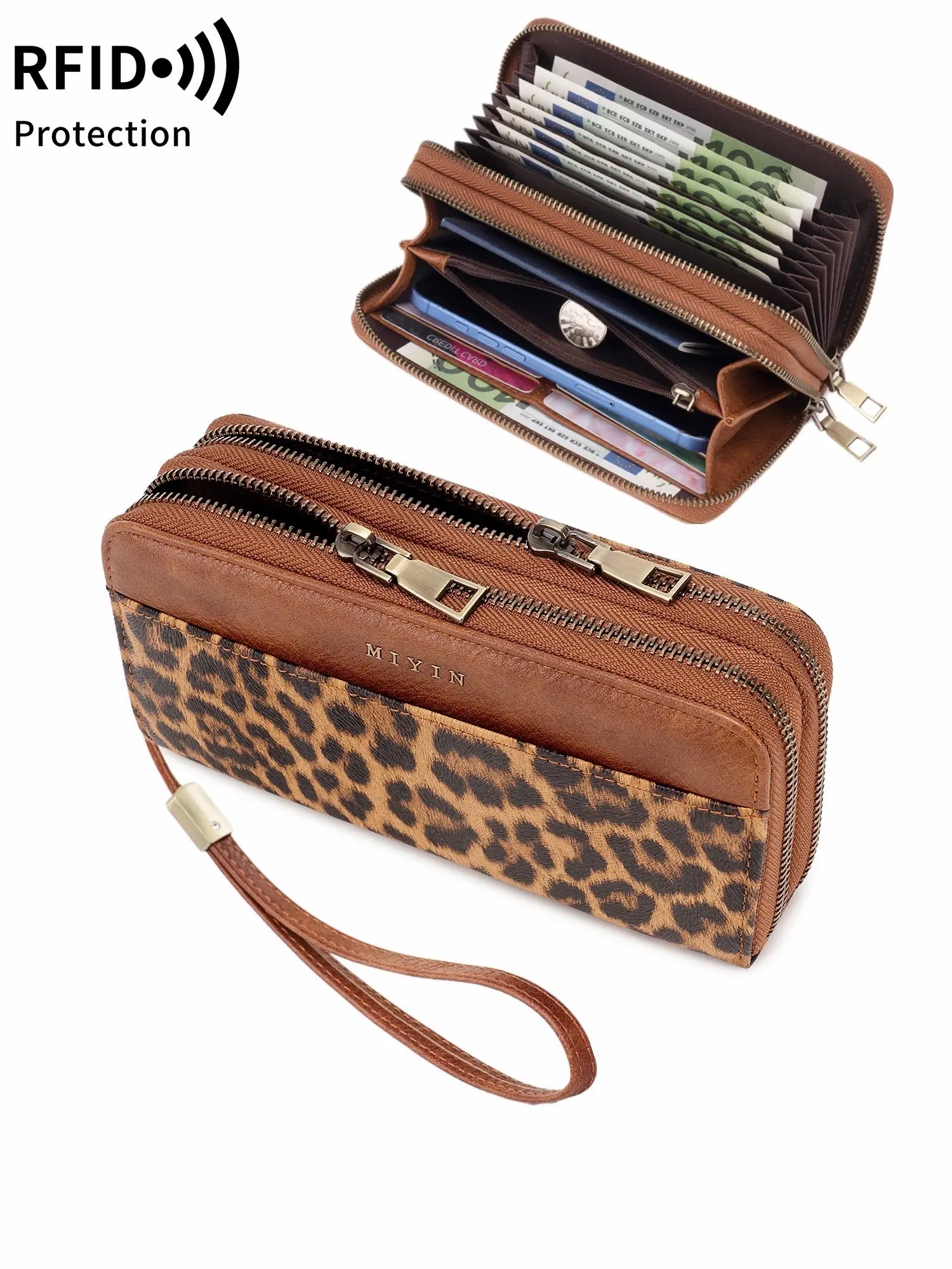 Women's Long Leopard Print Double Zipper Wallet, RFID Blocking Accordion Cash Compartments, Large Capacity Multi-Functional Purse With Multiple Card Slots & Wrist Strap, Holds Phone, Coins, Cards & Cash, Portable For Daily Use