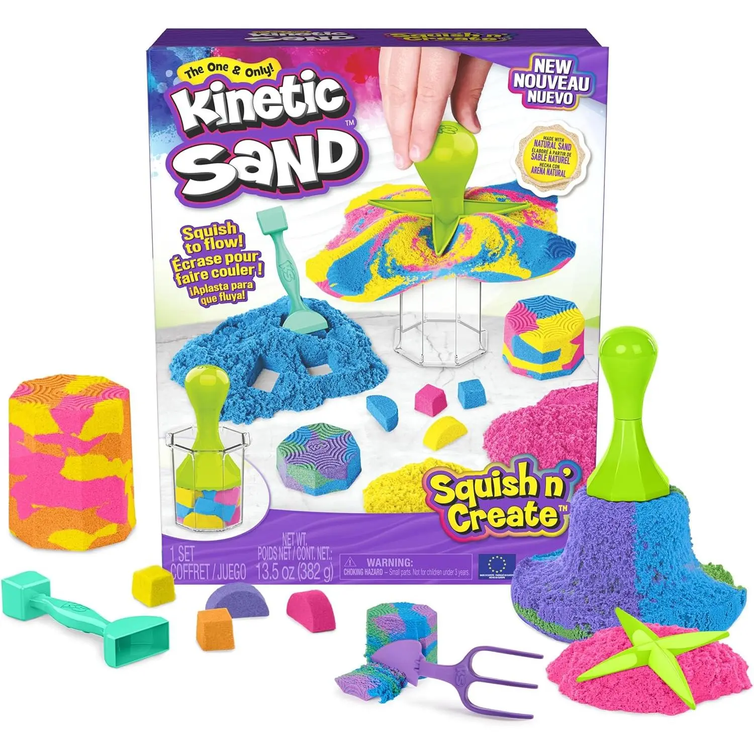 Kinetic Sand Squish N’ Create Playset - 13.5oz Blue, Yellow & Pink Play Sand, 5 Tools, Creative Playful Sensory Toys for Kids Ages 3+, Creativity