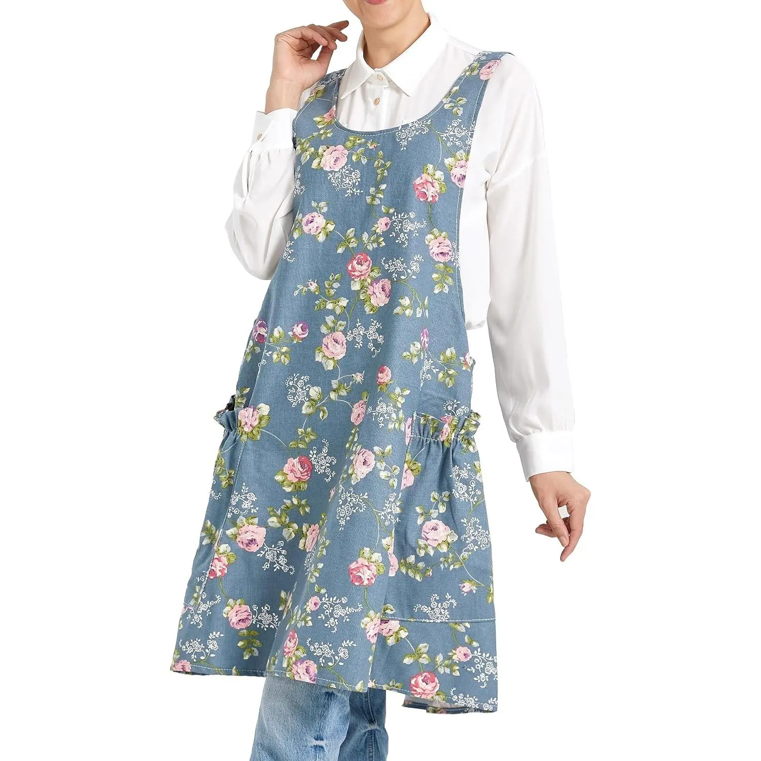 Adjustable Cross Back Aprons for Women with Pockets Cotton Linen Apron for Cooking Kitchen Baking