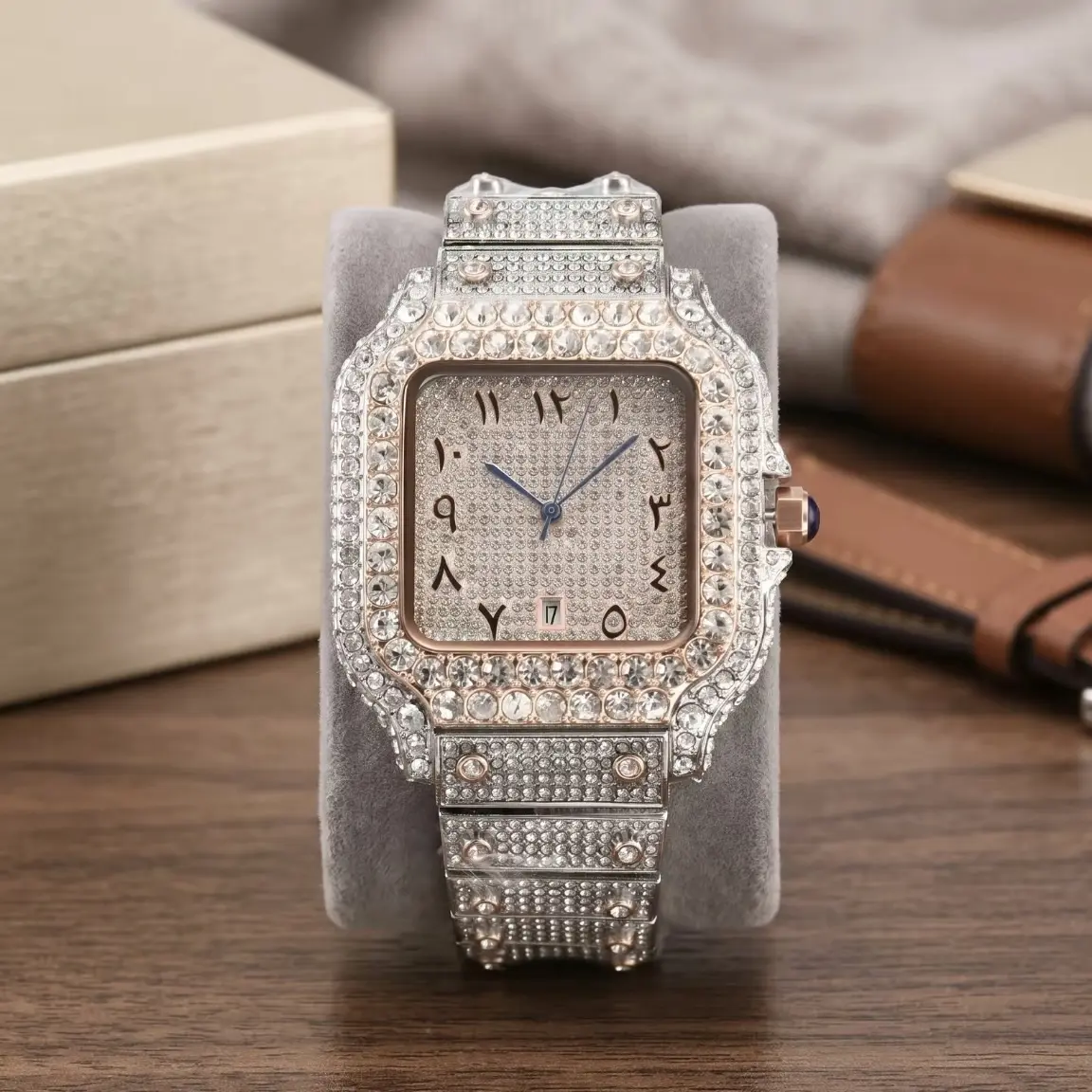 High-End Two-Tone Diamond Square Watch, Luxe Statement Accessory For Business & Club Nights