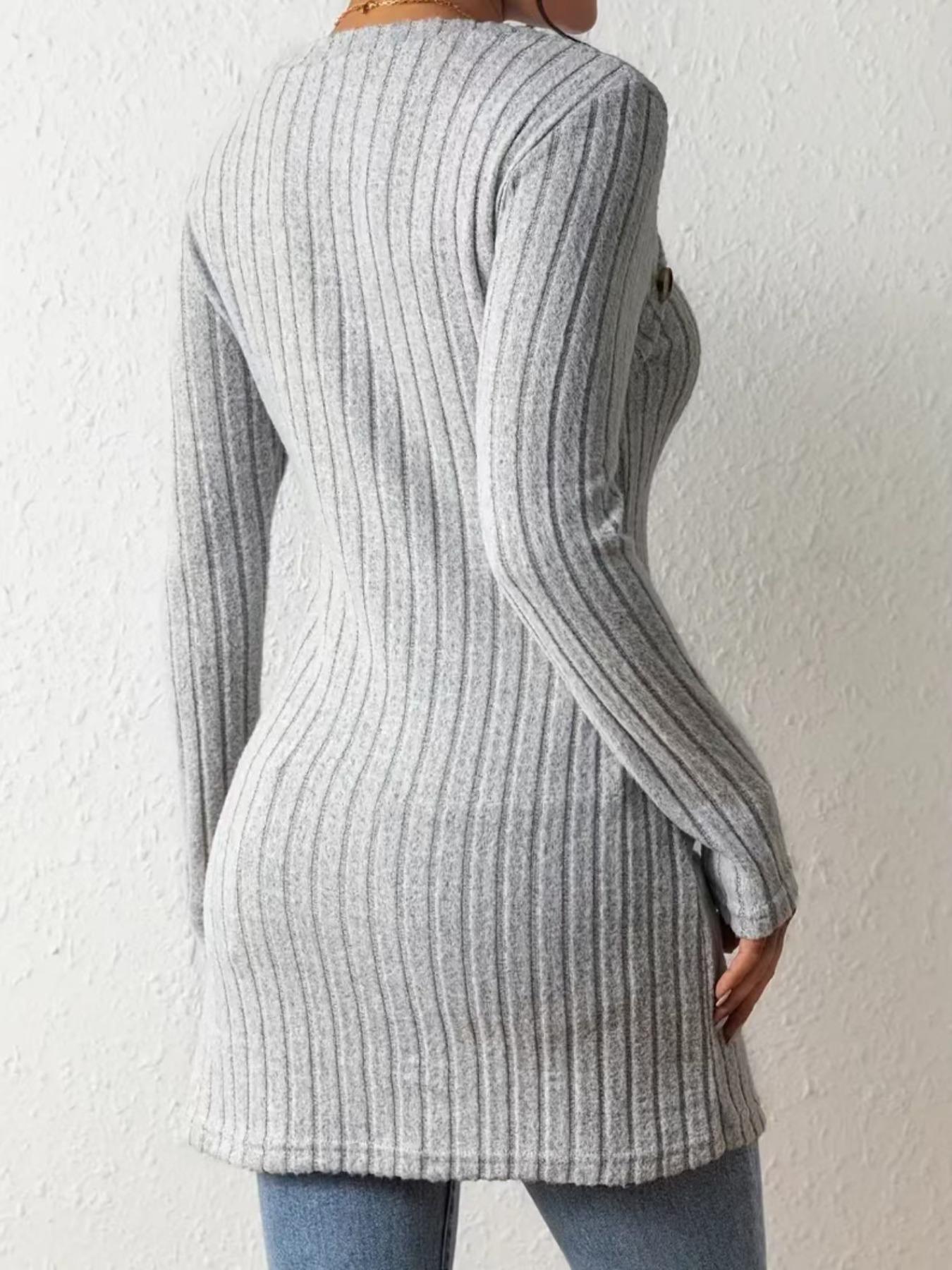 Women's Plain Asymmetrical Hem Button Decor Ribbed Tee, Casual Fitted Long Sleeve  T-shirt for Spring & Fall, Women's Clothing for Daily Wear