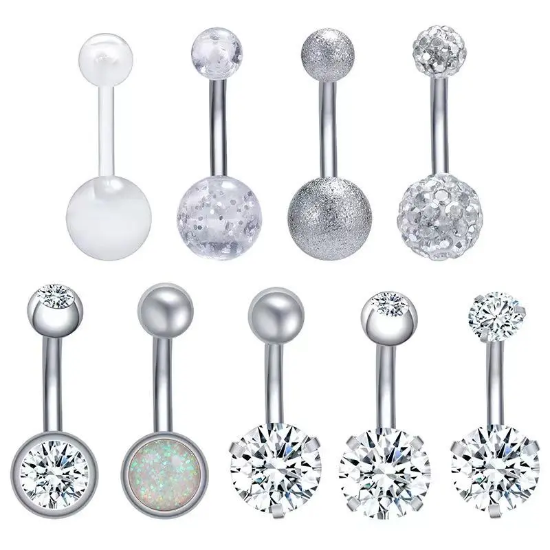 14G Hypoallergenic Surgical Steel Belly Button Ring Cubic Zirconia Belly Button Barbs 316L Stainless Steel Inlaid Shiny Cubic Zirconia Body Piercing Set, 9Pcs Navel Piercing Jewelry Beach Festival Daily Accessories