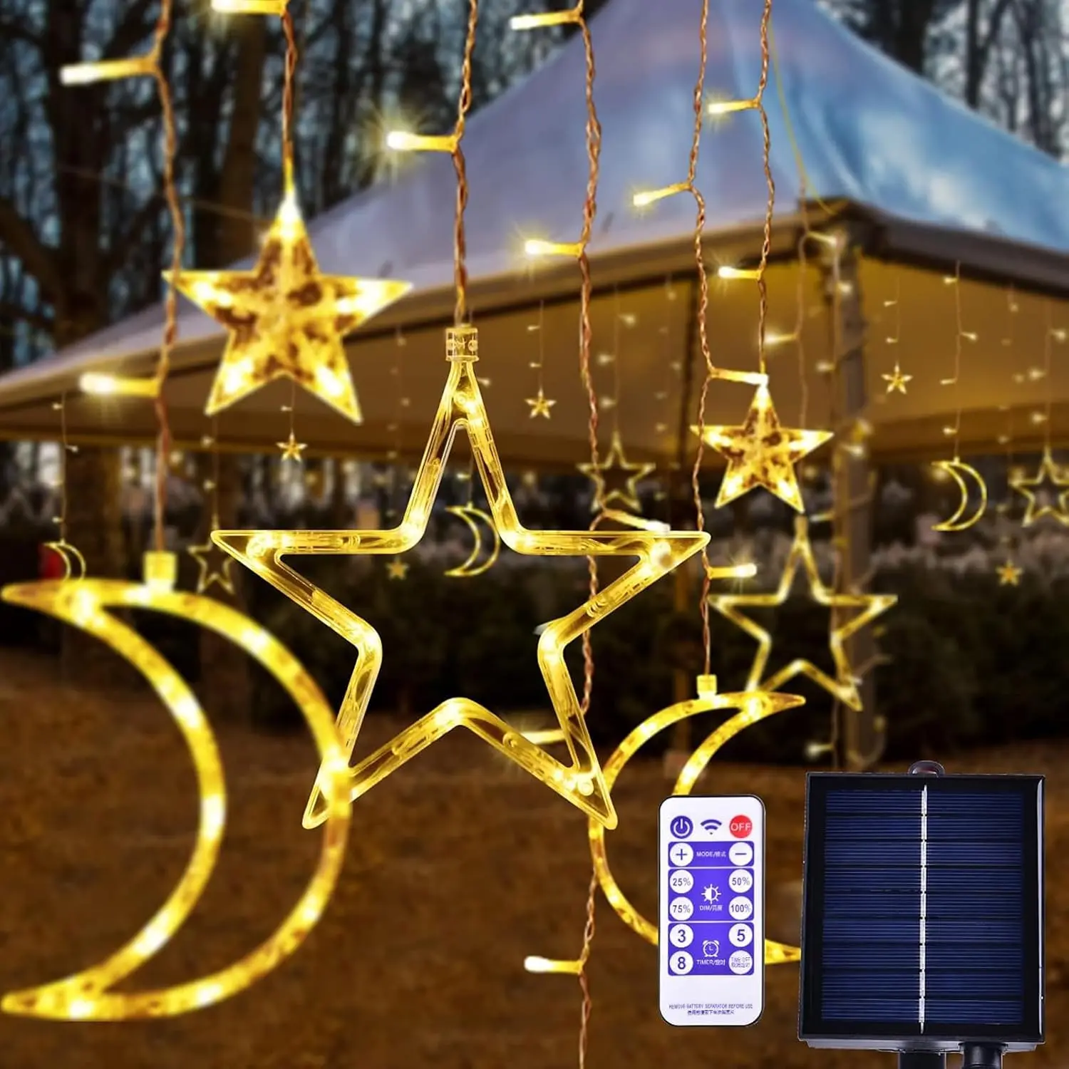 138 LED Ramadan Decorations Light Solar Moon  Lights String Light Outdoor  Solar  Curtain Lights with 8 Modes Ramadan  Decor for Patio (Warm White)
