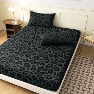  3 Pieces Dark Grey Black Leopard Spots Fitted Sheet Set, Wild Animal Print Bedding, Soft Microfiber Modern Trendy Bedding For Bedroom Home Decoration, Multiple Sizes Available (1 Fitted Sheet + 2 Pillowcases, No Pillow)