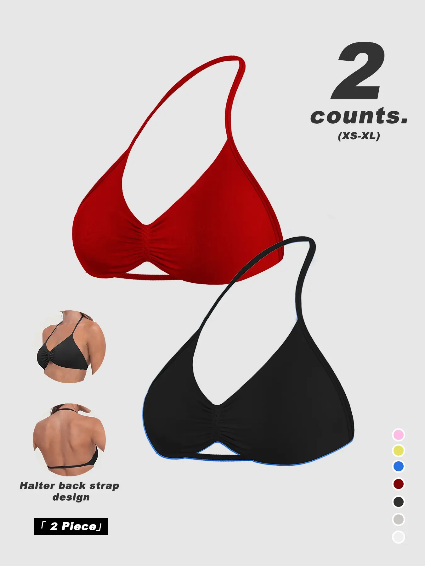 Value 3 Pack Lightweight Halter Sports Bra for Women, Ruched Front Thin Back Strap with Removable Padded Cups, Versatile Breathable All Seasons Athletic Crop Top for Gym Casual Daily Outfit 7 Mix Colors Strappy Sports Bras