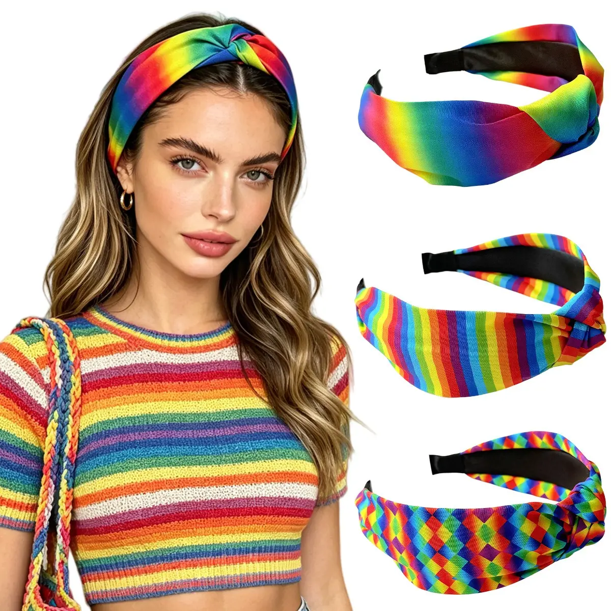 Women's Wide Rainbow Striped Knotted Female Headband - Soft Elastic Steel-Plastic Fashion Hair Accessory for Summer Party, Pride Events, Party Wear, Rainbow Stripes, Stainless Steel, Wide Headbands, 3Pcs, One Size