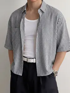 Men's Casual Plaid Blouse, Short Sleeve Loose-Fitting Shirt, Long H-Type Design, All-Season Fashion, Buttoned Turn-Down Collar