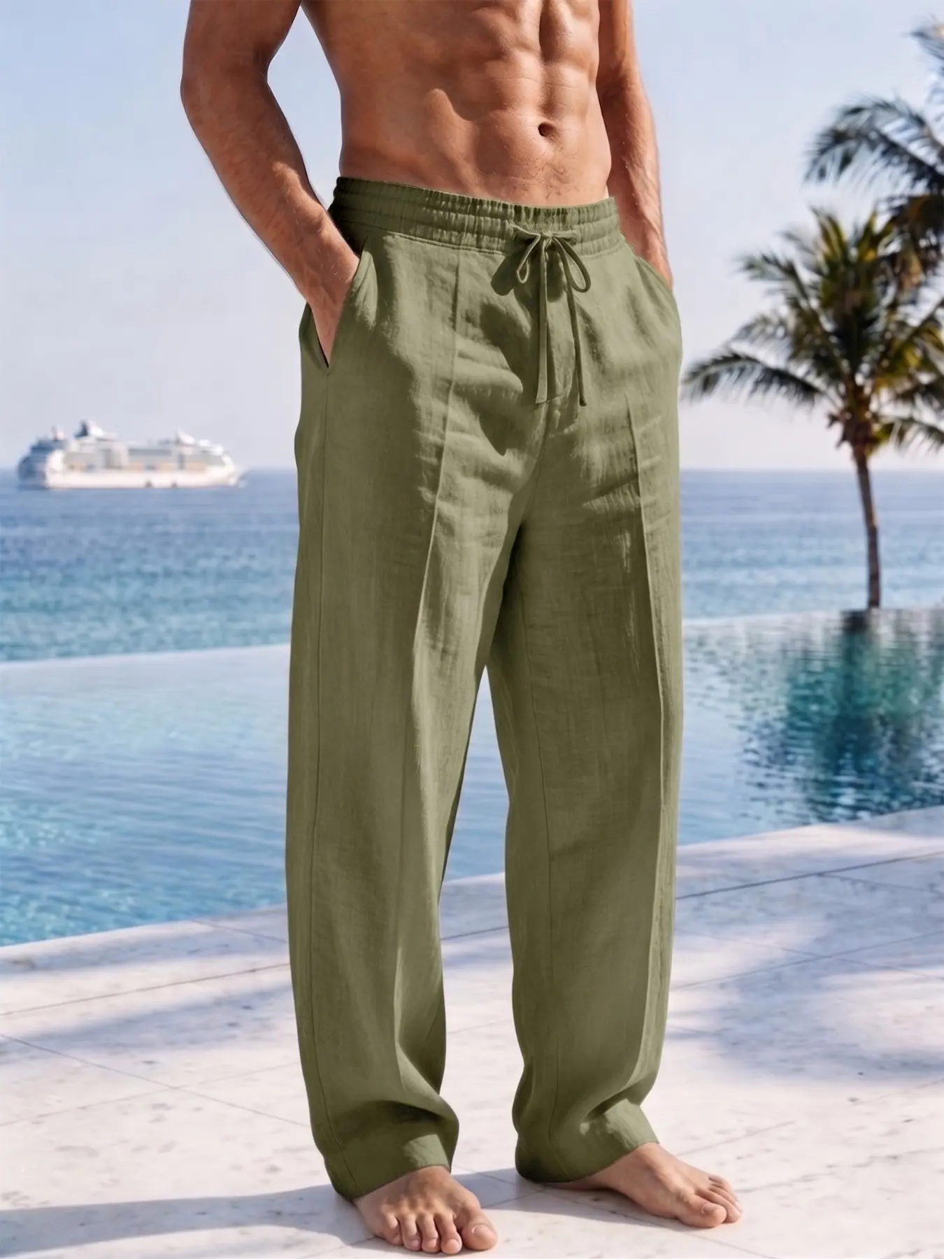 Men's Linen Casual Pants, Summer Lightweight Breathable Fabric, Elastic Drawstring Waist Trousers, Loose Straight Leg, Beach Vacation, Commute, Homewear