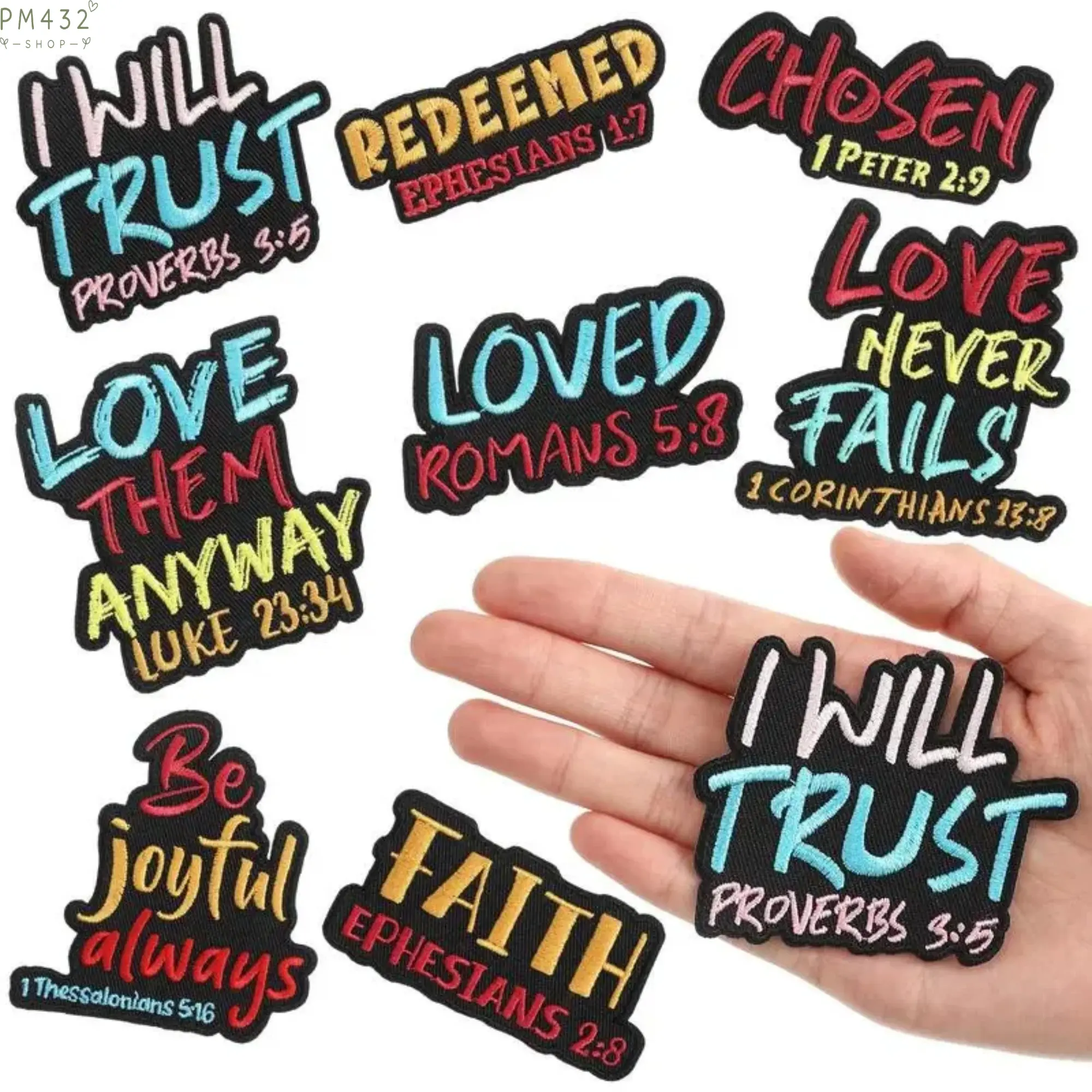 Unisex 8-Pack 3-in Religious Cotton Embroidery Patches, Iron-On Sew-On Appliques with Verse Text, Decorative Badges for Jackets, Backpacks, DIY Clothing Customization Accessories, Diy Craft