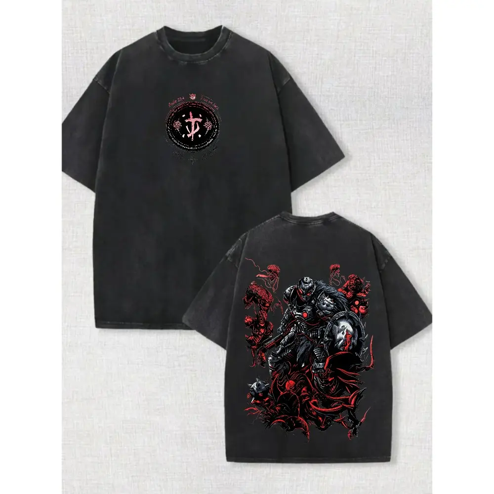Doom The Dark Ages Acid Washed T Shirt Vintage Heavyweight Oversized Graphic Tee Doom Slayer Retro Gaming Streetwear Gothic Horror Dark Fantasy Cotton Crewneck Casual Daily Fashion Top Cool Gift for Doom Eternal Fans Menwear All Season Loose Fit Apparel