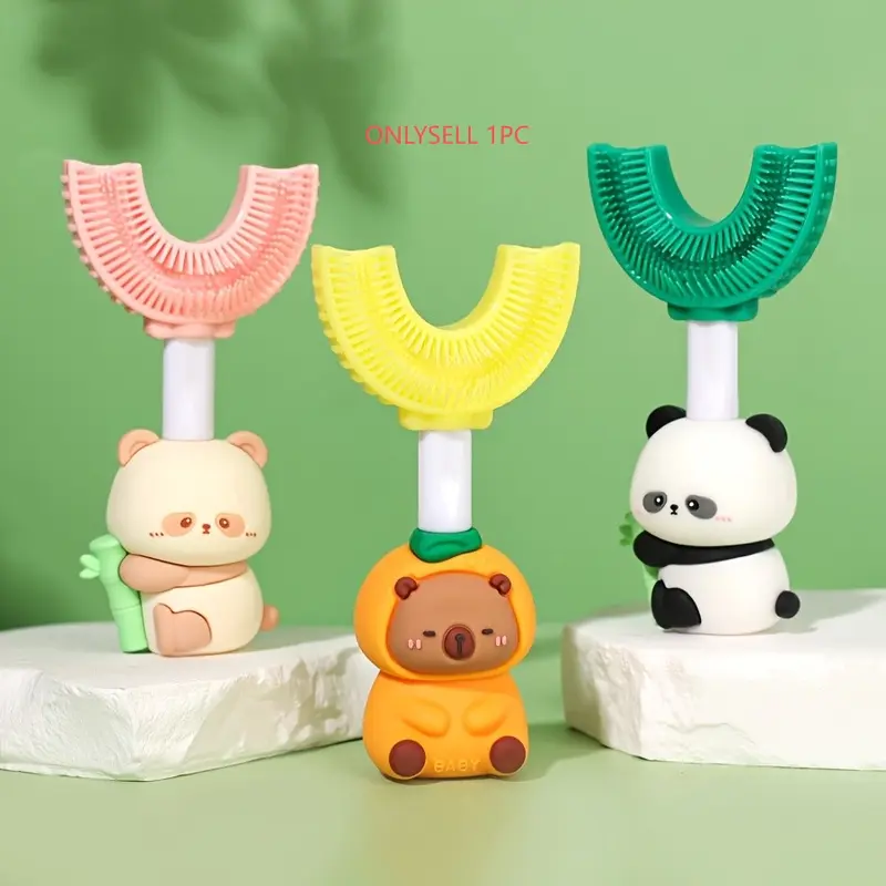 Adorable U-Shaped Toothbrush for Kids, 360° Cleaning Design, Panda/bear Shape, Baby Loves Brushing Teeth, Fun Dental Care Tool