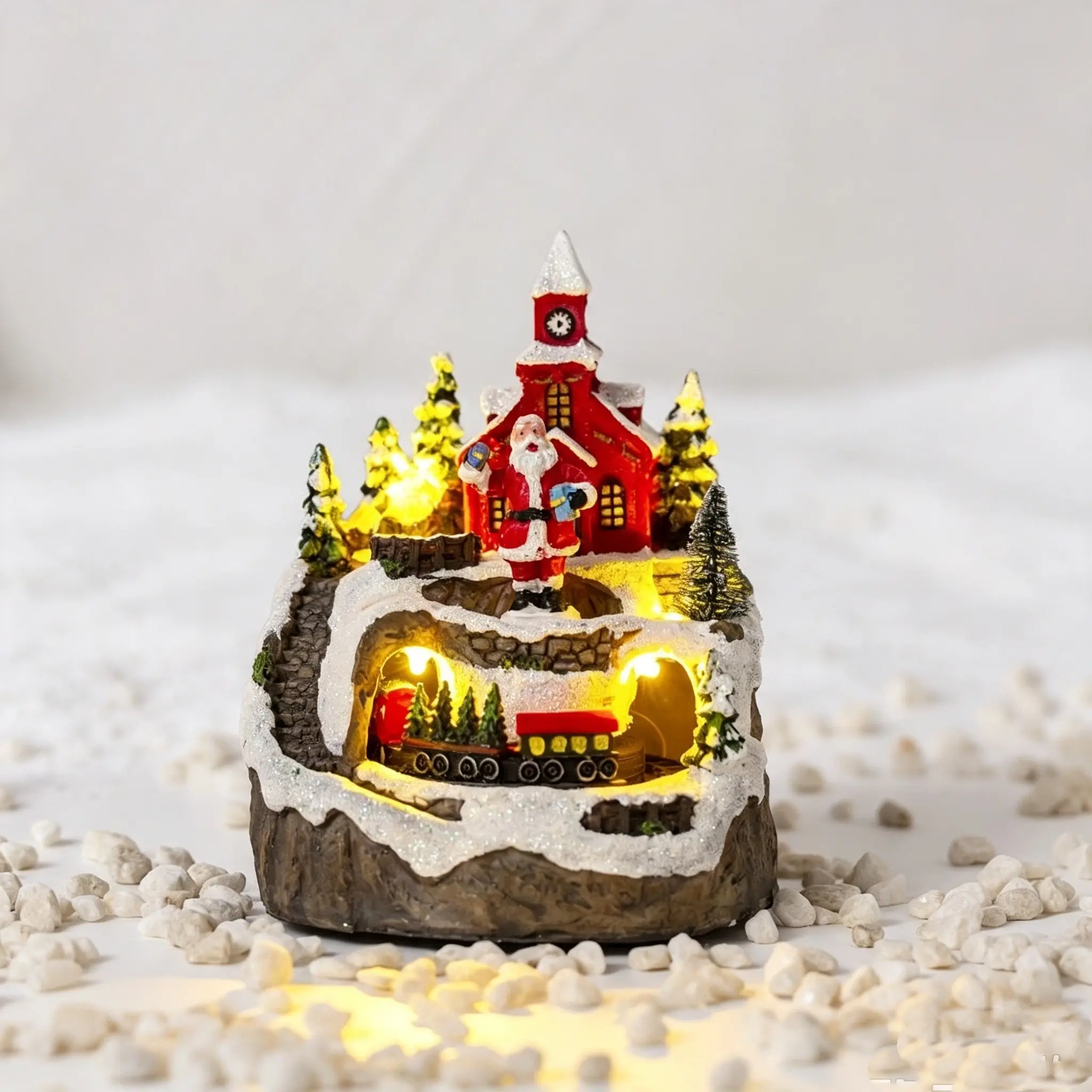 Christmas resin glowing hut ornament, Santa Claus cave rotating train with lights as a craft item, home desk Christmas decoration gift