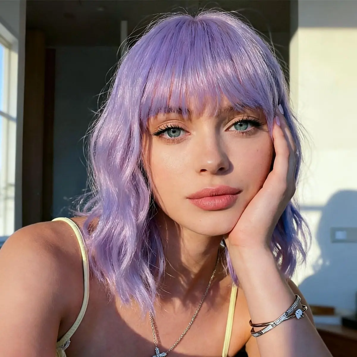 Light  Wigs with Bangs for Women, Length Short Wavy Bob Wigs With Bangs Synthetic Bob Wig Curly Lavender Wig Heat Resistant Colorful Wavy Wig  Fun Wigs For Daily Party.