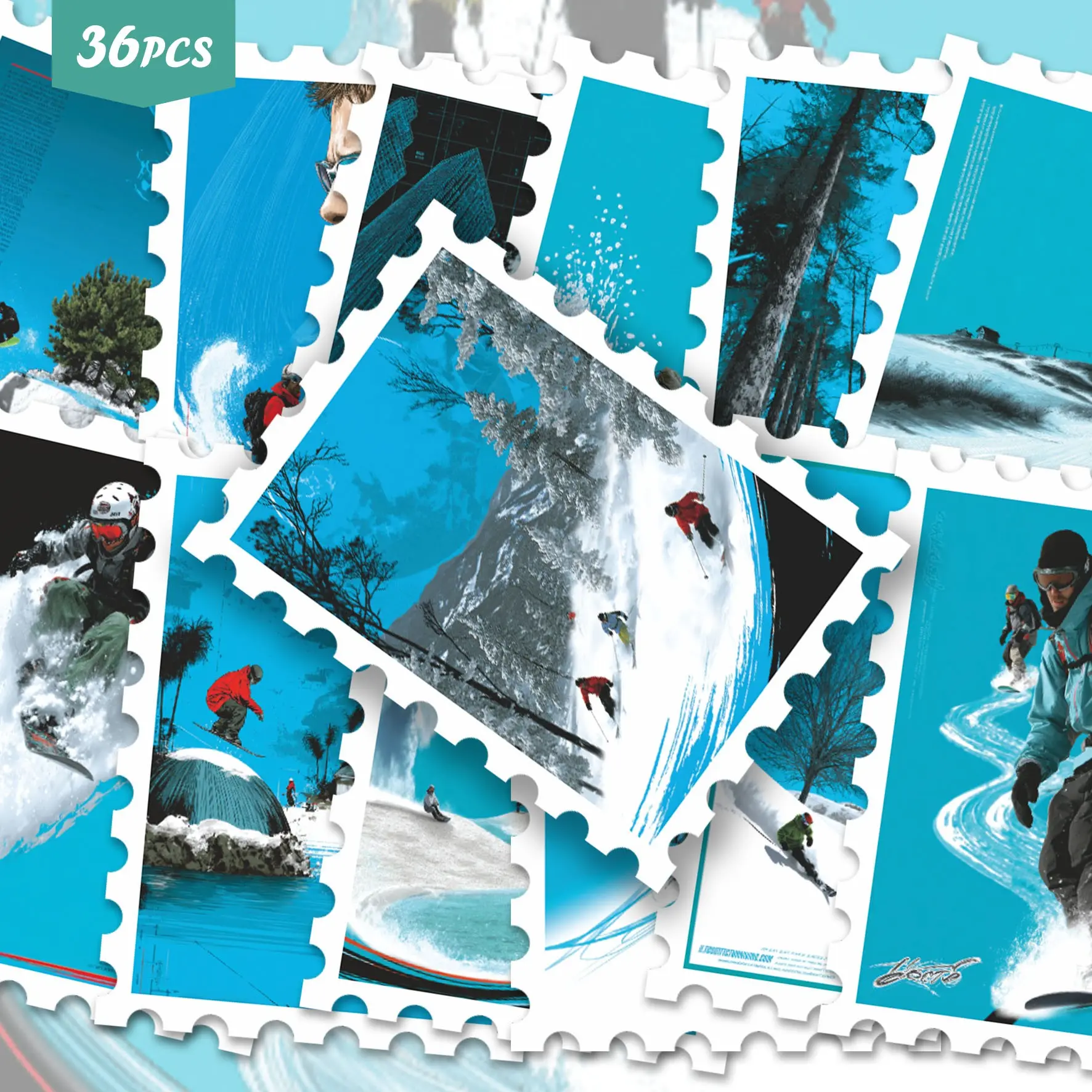 36pcs Mountain Ski Sports Photography Stickers Pack | Aesthetic Bright Blue Tone Snowboarder Skier Winter Action Graphics | Vinyl for Journaling & Scrapbooking