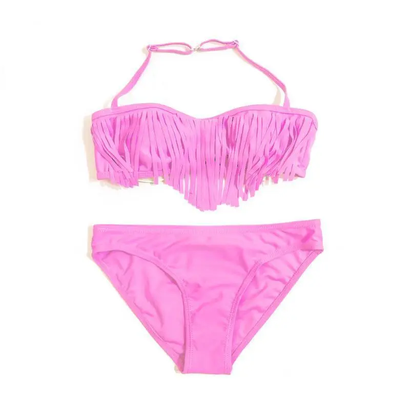 Tassle Solid Halter Girls Kids Bikini Set Summer Beach Cute Teen Kids Swimwear Swimsuit Children Swimming Suit