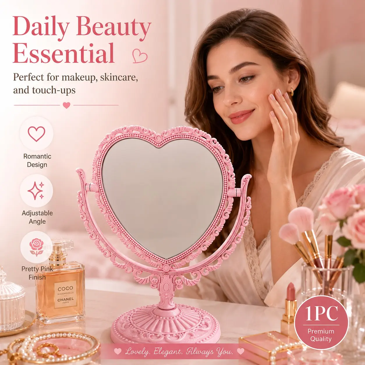 Vintage Ornate Heart Shaped Tabletop Makeup Mirror, 360° Swivel Antique Carved Vanity Mirror, Aesthetic Desk Cosmetics for Bedroom Decor