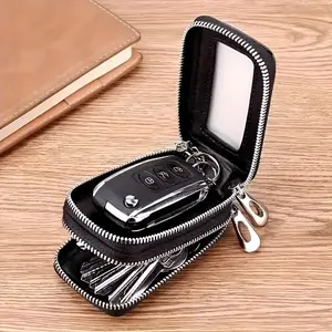 Large Capacity Key Organizer Wallet for Women Men, Double Zipper Key Holder Case with Mirror, Multi-functional Car Key Bag Storage Pouch for Purse