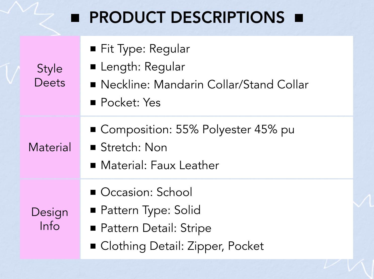 Cider [size 0-10] Faux Leather Stand Collar Side Stripe Pocket Zipper Jacket