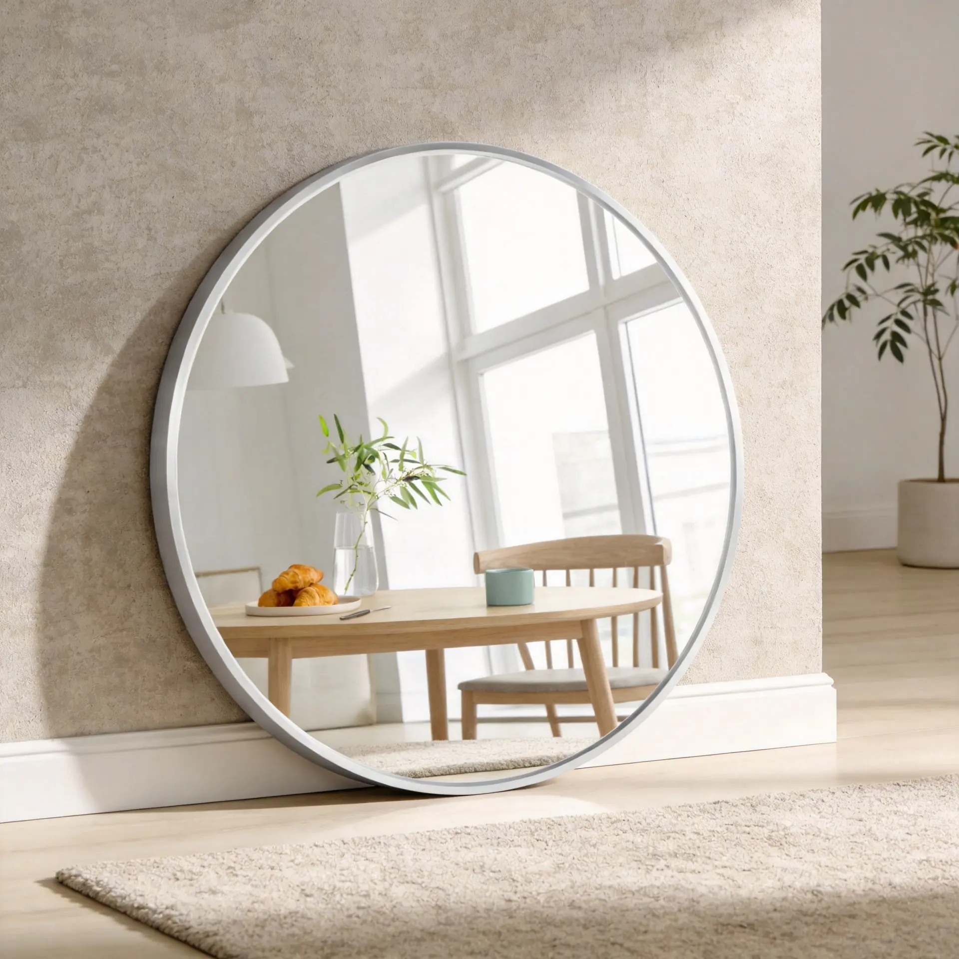 32-Inch Round Silver Metal Framed Wall Mirror - Sleek Modern Aluminum Frame, Durable Minimalist Circle Accent Mirror with Hanging Mount, Quick Installation, Space-Enhancing Home Decor for Bathroom Vanity, Living Room, Reflection, Aluminum Alloy