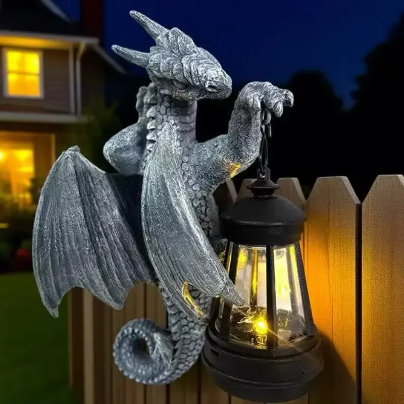 Solar Dragon Wall-Mounted Lantern, Gothic Mythical Guardian Sculpture, Creative Outdoor Decor, Festive Gift for Garden and Porch