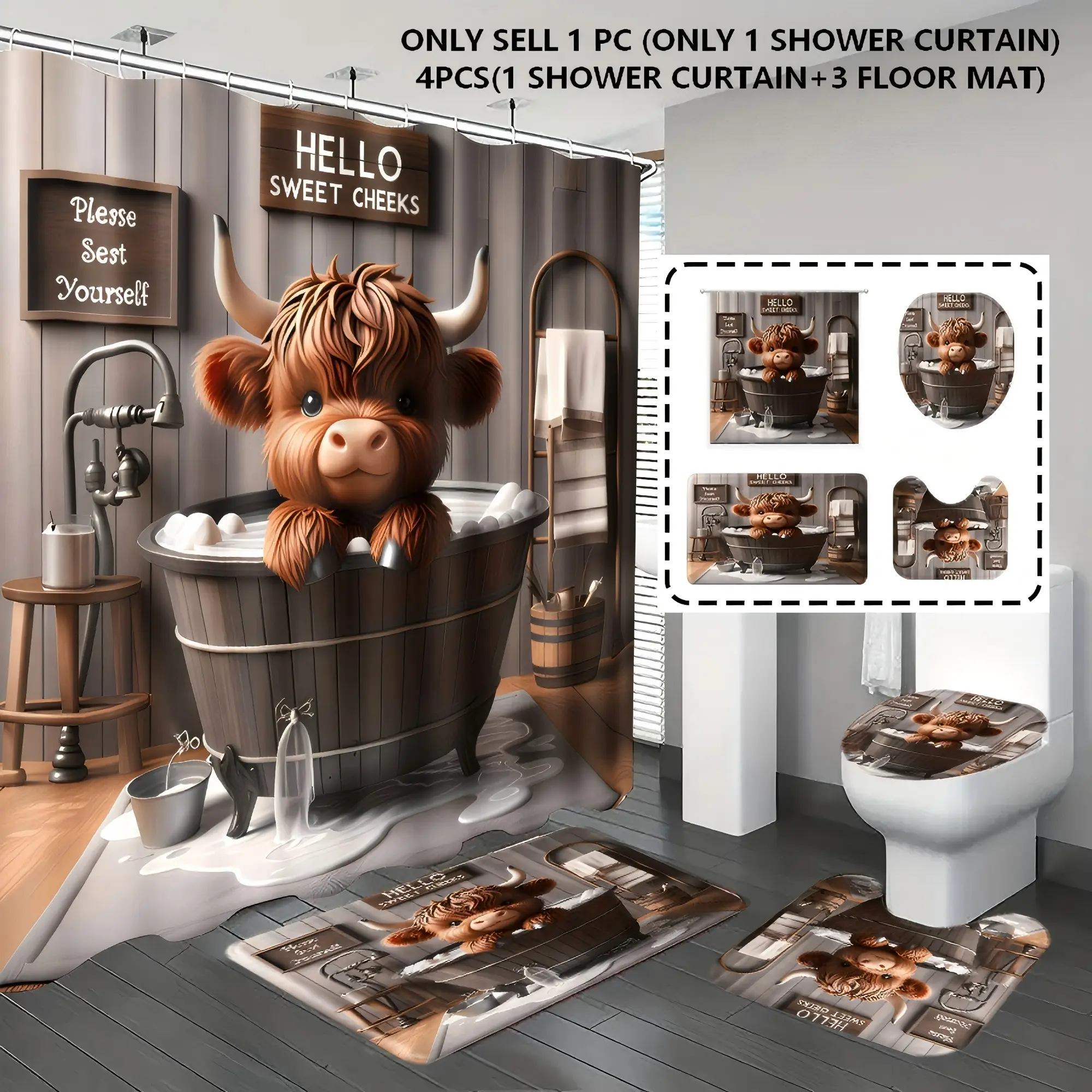 [Popular Choice] 1pc/4pcs, bathroom curtains shower, bathroom set, shower curtain set, shower curtains, bathroom decor, bathroom rug, home decor, bathroom mat, Highland cow pattern, animal-themed decoration, with 12 hooks, Shower Curtain Cute