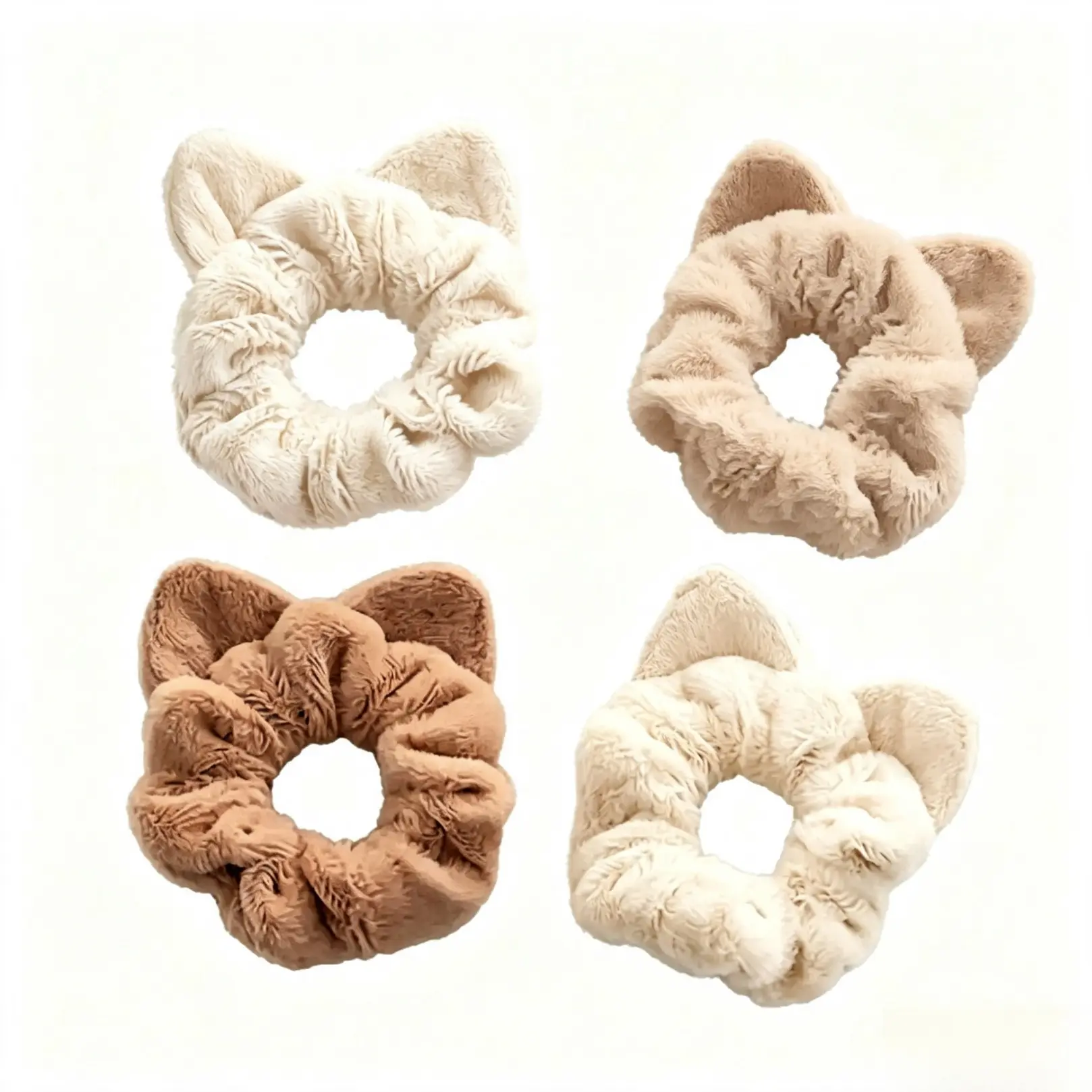 Cute Plush Cat Ear Scrunchies For Women Girls, Soft Fluffy Hair Tie For Thick Hair, Elastic Ponytail Holder 4‑Pack, Minimalist Hair Accessories For Daily Wear, Holiday Gifting