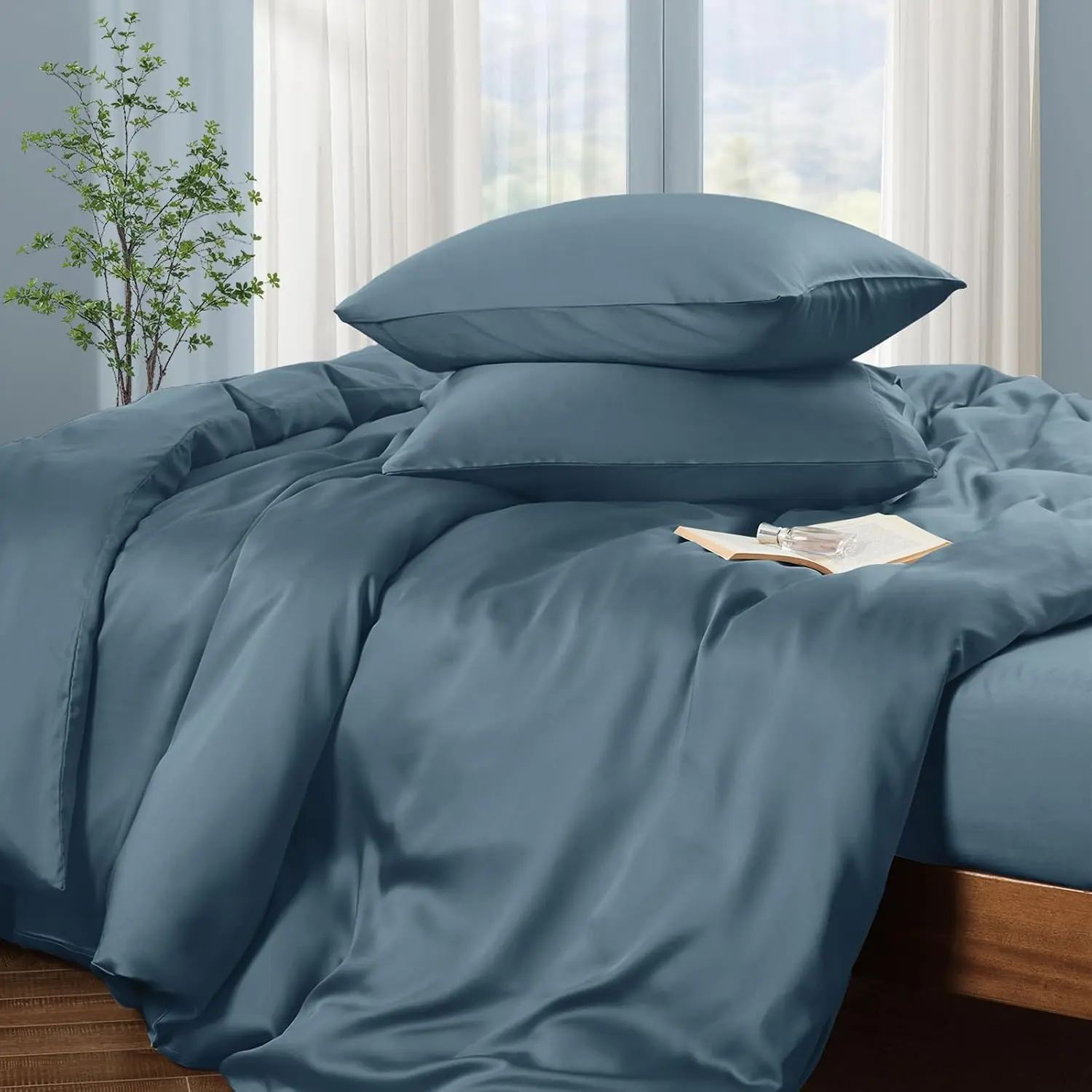 60% Tencel Eucalyptus Lyocell 40% Synthetic Fiber 3-Piece Denim Blue Modern Duvet Cover Set (90"x104"), Cooling Bedding for Hot Sleepers, Wrinkle-Resistant, Silky, Breathable, Ultra-Soft, Durable, Fade-Resistant, Machine/Cold Wash Compatible
