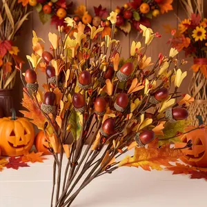 Autumn artificial flowers, 12 pieces in a pack, orange-red artificial acorn cores, berries, maple leaf stems. Suitable for DIY decoration, Thanksgiving decoration, Halloween decoration.
