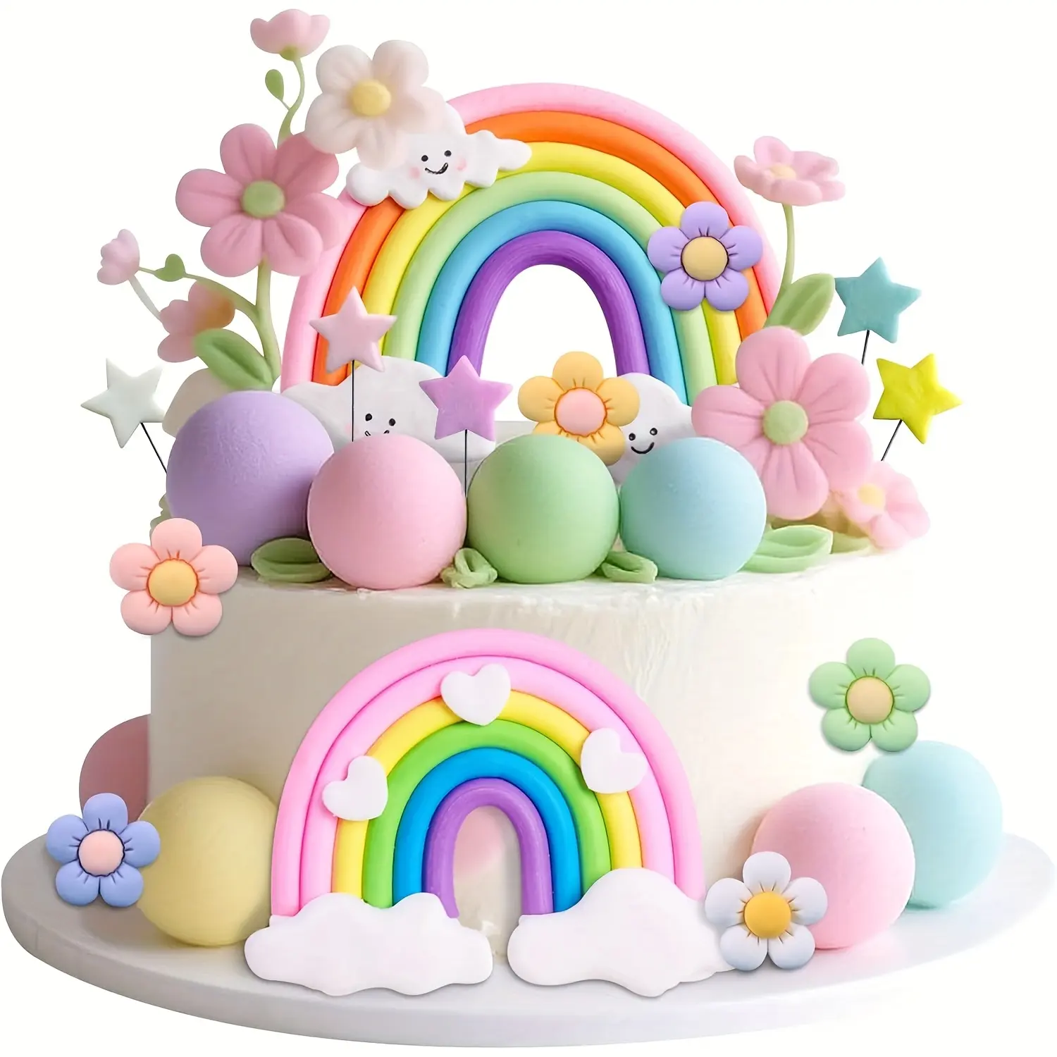 Rainbow Cake Topper Rainbow Theme Party Supplies Pastel Balls Cake Topper Boho Cake Toppers, Mini Balloons Cake Topper Sticks - Glitter Golden Ball Picks for Christmas Birthday Decorations