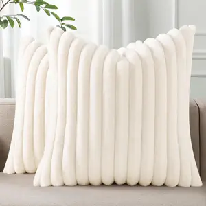 Faux Fur Plush Fall Throw Pillow Covers 18x18 Set of 2, Luxury Soft Fluffy Striped Decorative Pillow Covers for Sofa, Couch, Living Room, Cream White