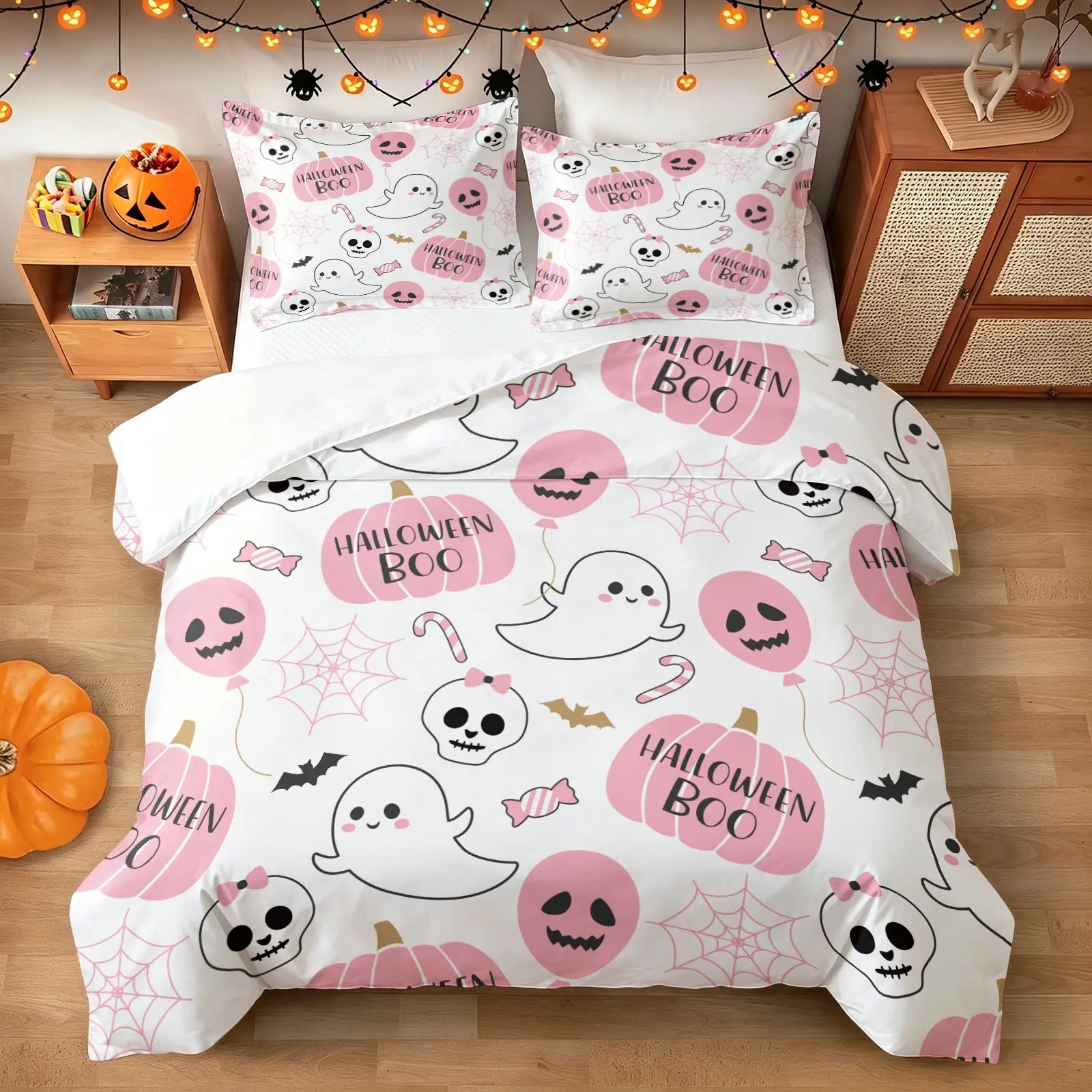 White & Pink Cute Ghost Pumpkin Skull Halloween Duvet Cover Set, 1 Duvet and 1-2 Pillowcases, Polyester Bedding Soft and Comfortable, Festive or Sweet Girls Bedroom Kids Room Family Bedroom Decor