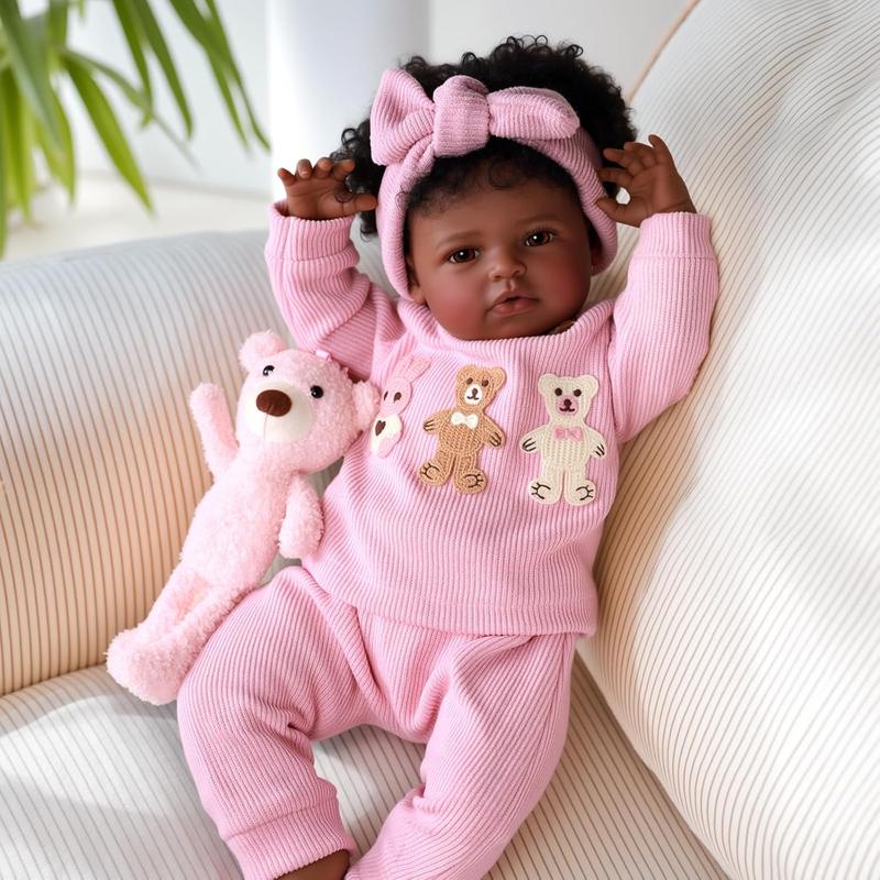 Babeside 20 Inch 8 Piece Baby Doll Set, Cloth Body + Vinyl Dark Skin, Unisex Toy with Gift Box and Feeding Accessories, Christmas New Year Birthday Gifts