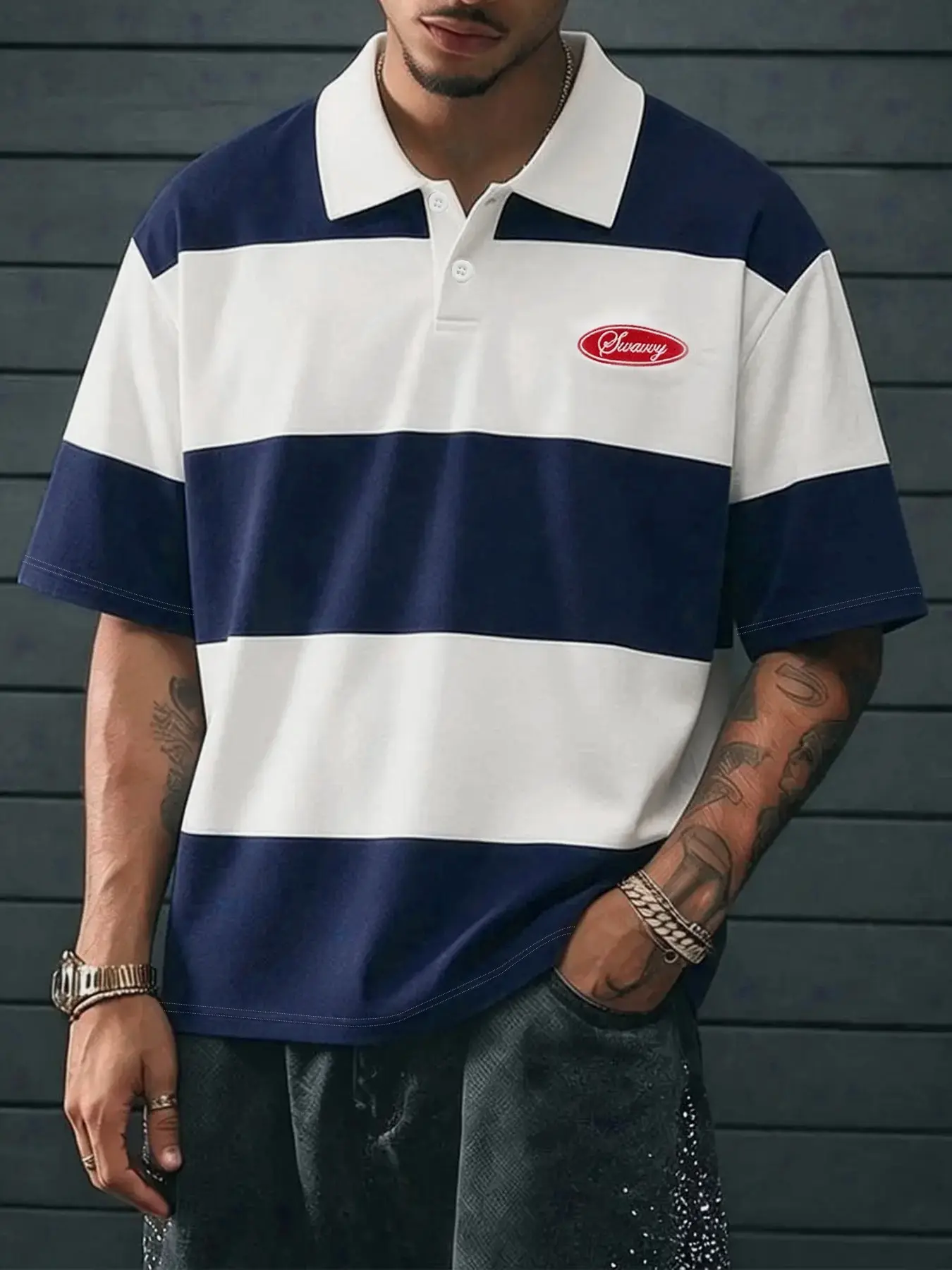 Men's Standard Polo Shirt, Summer Polos, Striped Patchwork Design, Casual Loose-Fit Streetwear, Fashionable Stripe Top, Ideal for Trendy