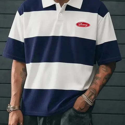Men's Standard Polo Shirt, Summer Polos, Striped Patchwork Design, Casual Loose-Fit Streetwear, Fashionable Stripe Top, Ideal for Trendy