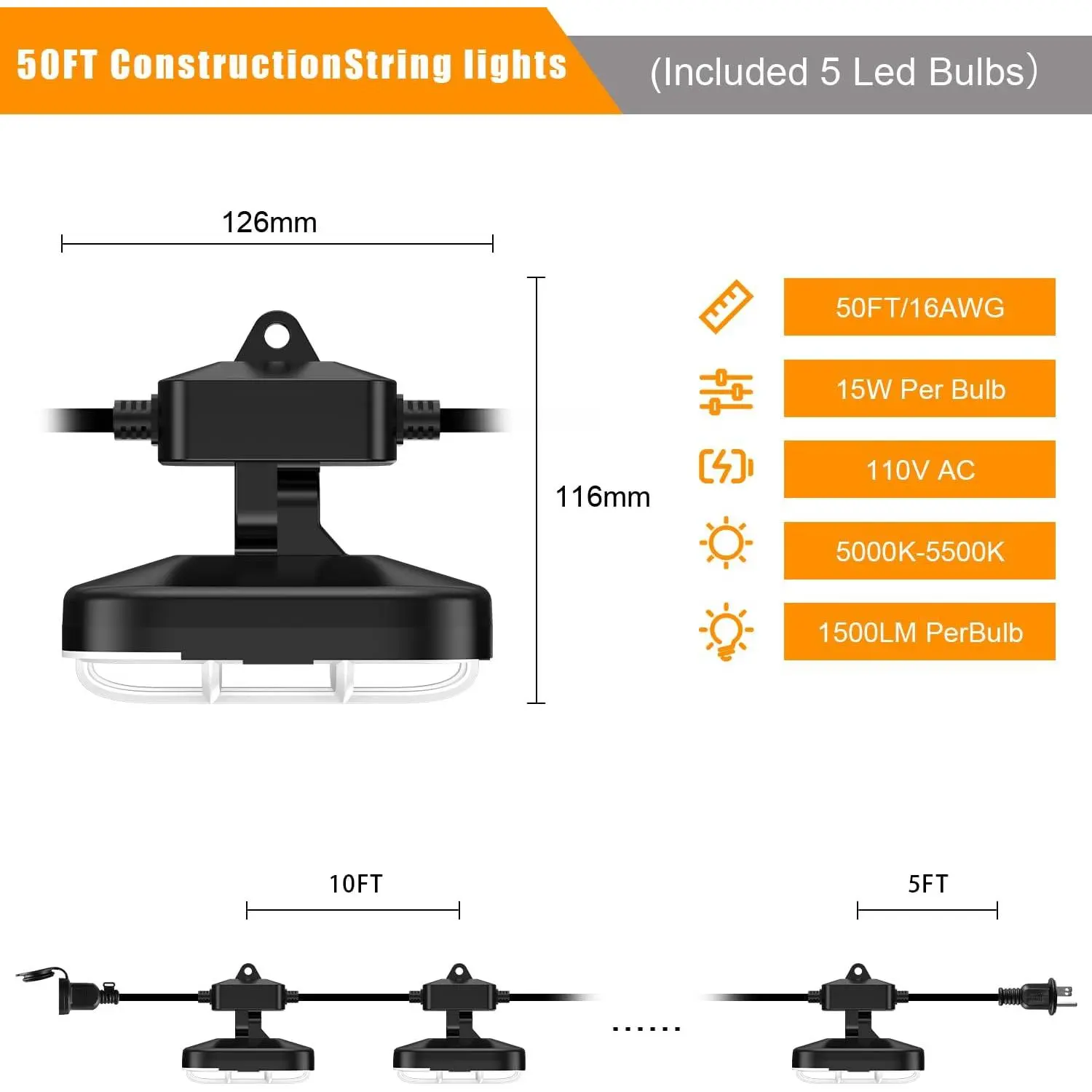 50ft LED Construction String Lights, 75w 7500lm, Industrial LED String Work Lights with 10 Bulbs, Waterproof IP66 5000K Super Bright Temporary Lighting for Construction Site, Job Site, Work Site