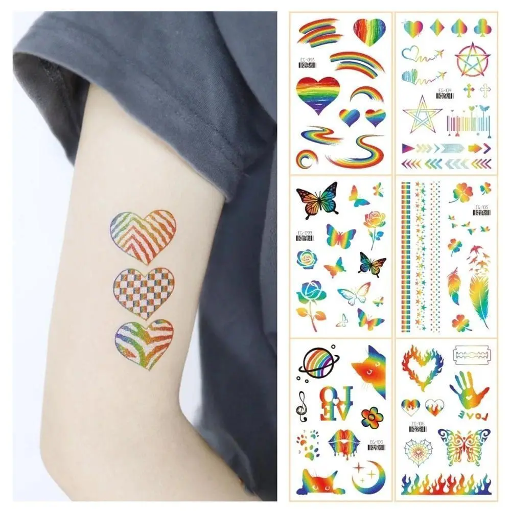 LGBT Pride Day Disposable Glitter Powder Temporary Tattoos, 7.5x12cm Colorful Rainbow Gradient Stickers for Adults' Makeup (Fashion Accessory Set), Temporary Tattoo, Paper
