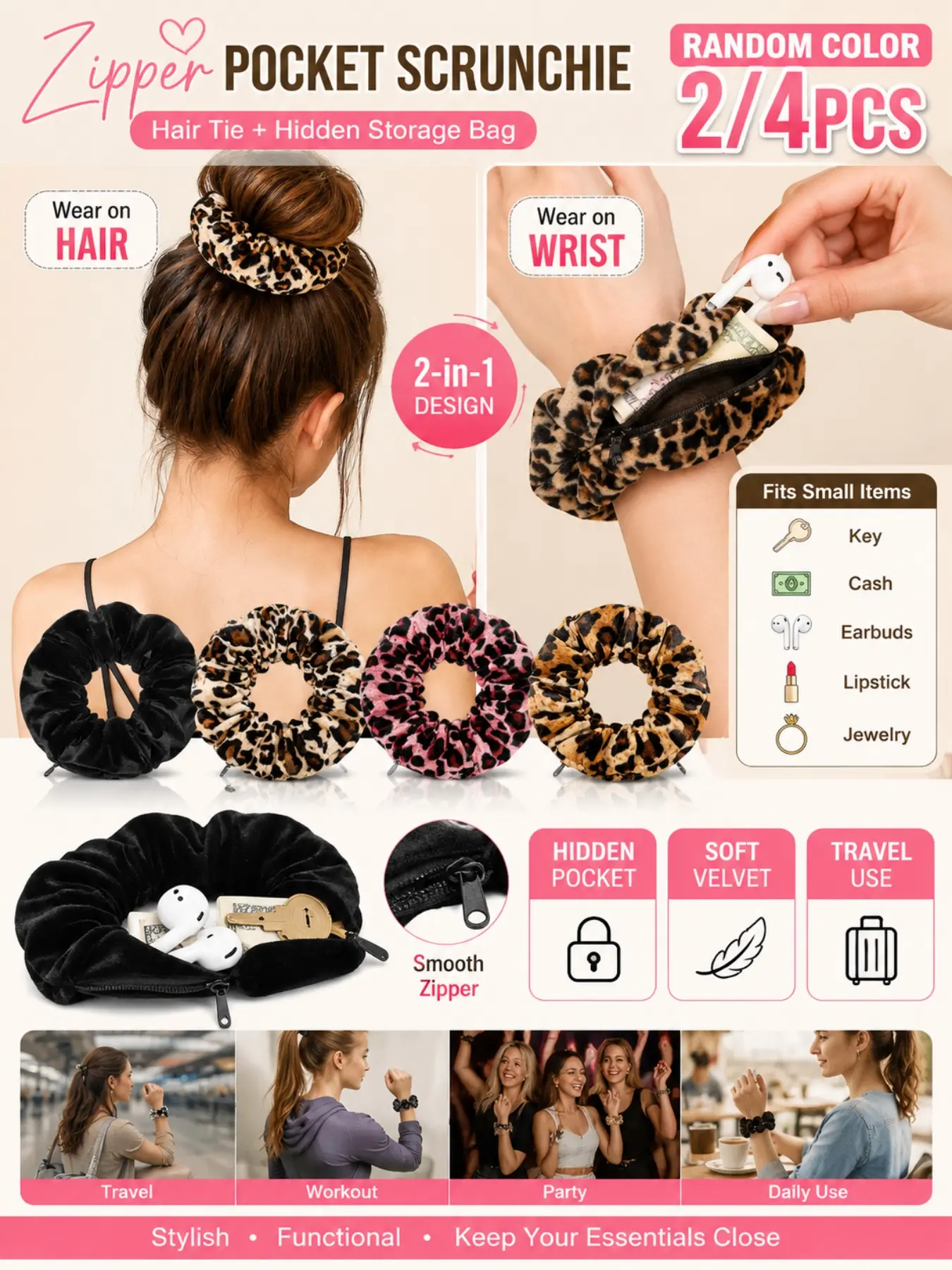 2/4 pieces random color zipper pocket hair ties, hidden storage hair bands, soft velvet hair ties, Hair Scrunchies, with secret pockets for keys, cash, earphones, and lipstick, suitable for travel and daily use, women's hair accessories