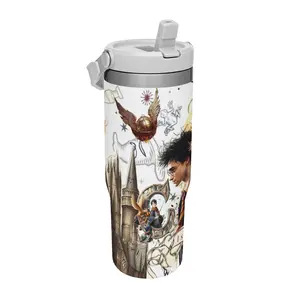 WB Harry Potter Golden Snitch Hogwarts Sketch Flip Straw Tumbler 30oz Stainless Steel Vacuum Mug, Leakproof Travel Cup, White Mixed Element Print, Wizard Fan Daily Gift
