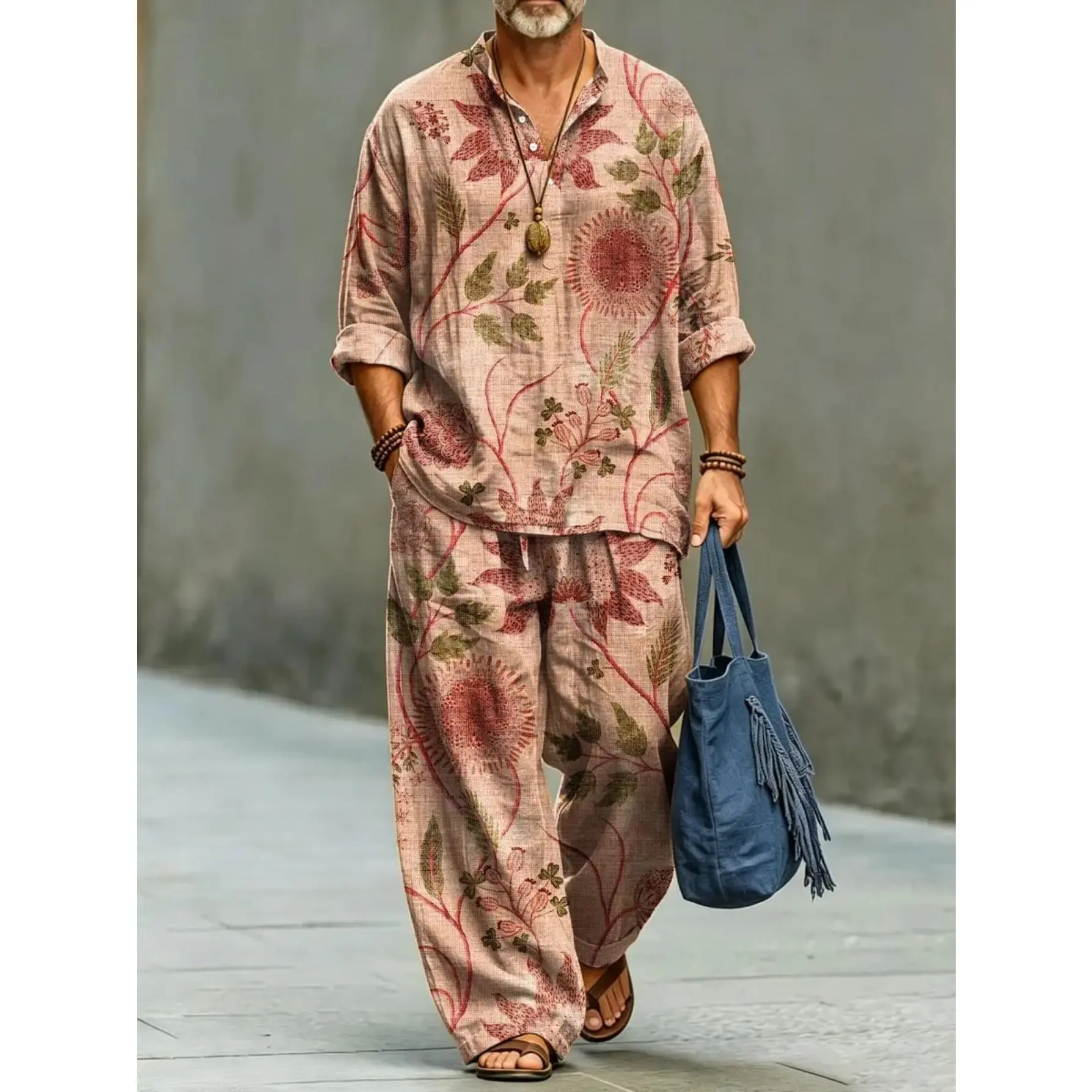 Men's Vintage Floral Print 2 Piece Outfit, Stand Collar Half Button Long Sleeve Shirt & Drawstring Wide Leg Pants Set, Casual Loose Vacation Boho Matching Suit