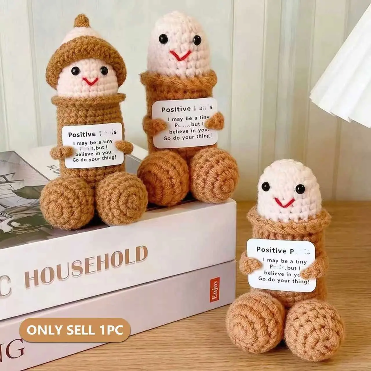 Funny Emotion Comfort Crochet Plush Toy with Positive Energy Card, Humorous Gift for Boyfriend and Friends, Mini Knitted Desktop Ornament
