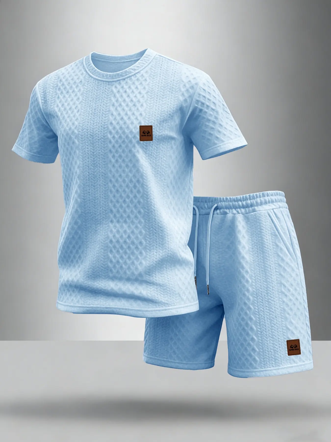 Men's Spring Summer Fashion Textured Short Sleeve Set, Simple Icon Print, Comfortable Drawstring Waist Shorts, Casual Daily Wear, Clothes