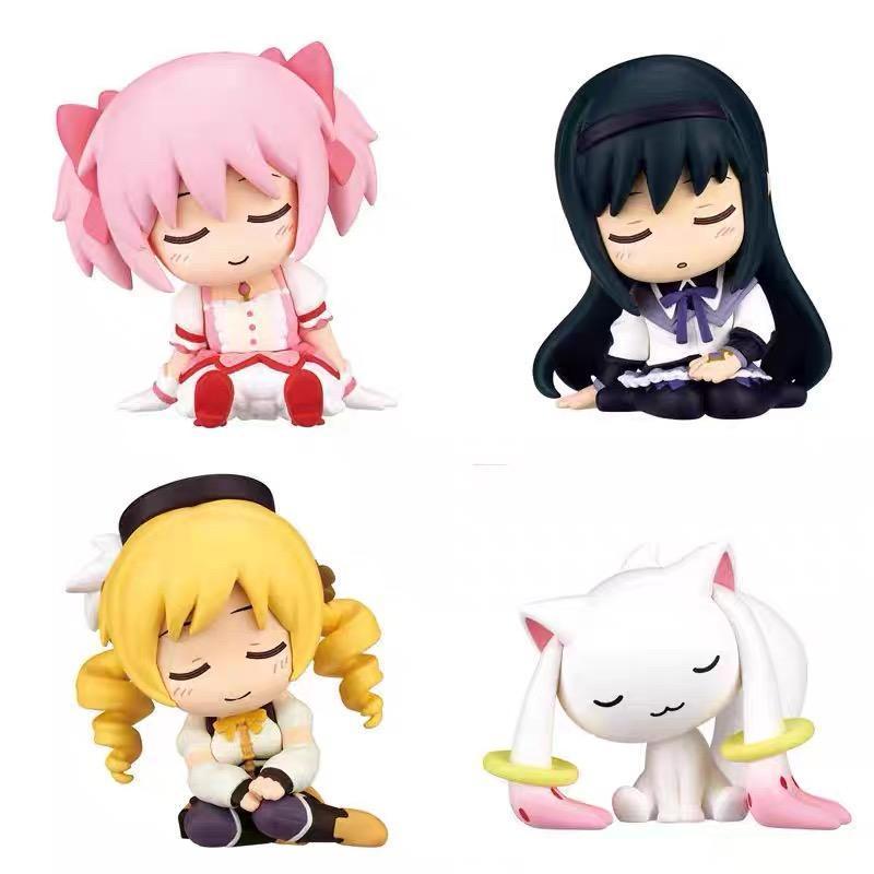 Puella Magi Madoka Magica Sleepy Chibi Figure Set, 4Pcs Anime Collectible Model Kit, Cute Desk Decor Gift for Fans