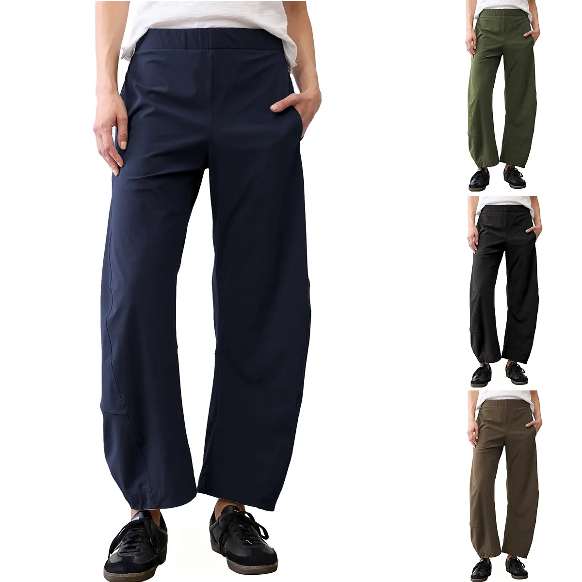 SCUSTY Women's Barrel Travel Pants Elastic Waistband Tapered Baggy Mid Rise Work Lounge Trousers, Soft Lightweight Wrinkle Resistant Daily Casual Bottoms With Functional Side Pockets, Multi Neutral Colors For Vacation Office Daily Wear