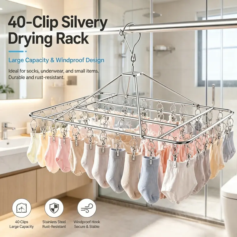 Large Capacity 40-Clips Stainless Steel Drying Rack Windproof Stable Multi Clip Hanger For Socks Underwear Garment Indoor Balcony Drying