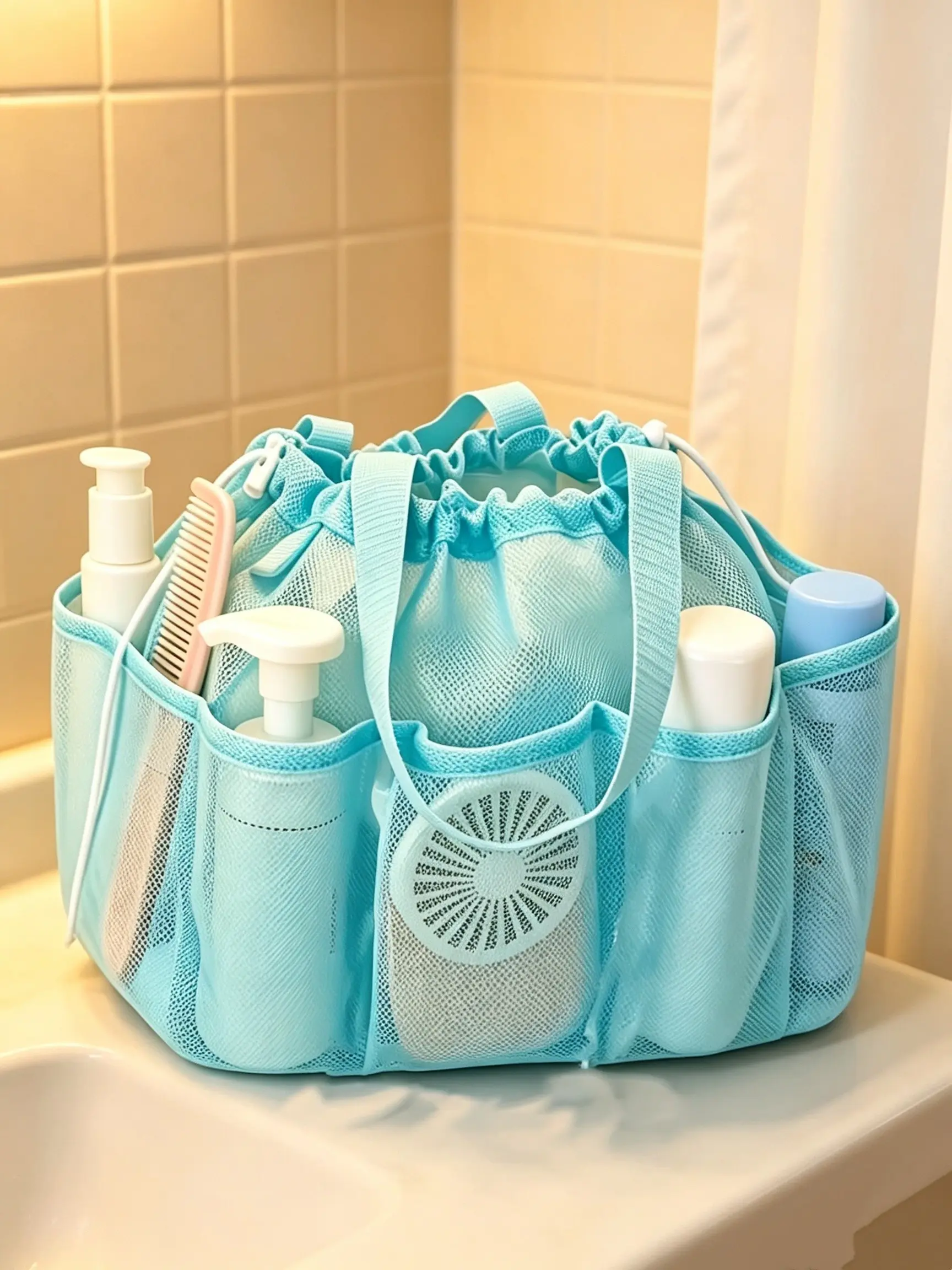 Large Capacity Hollow Out Multi-Pocket Drawstring Wash Bag, Bathroom Swim Beach Bag, Nine Colors Available, Suitable for Various Scenes