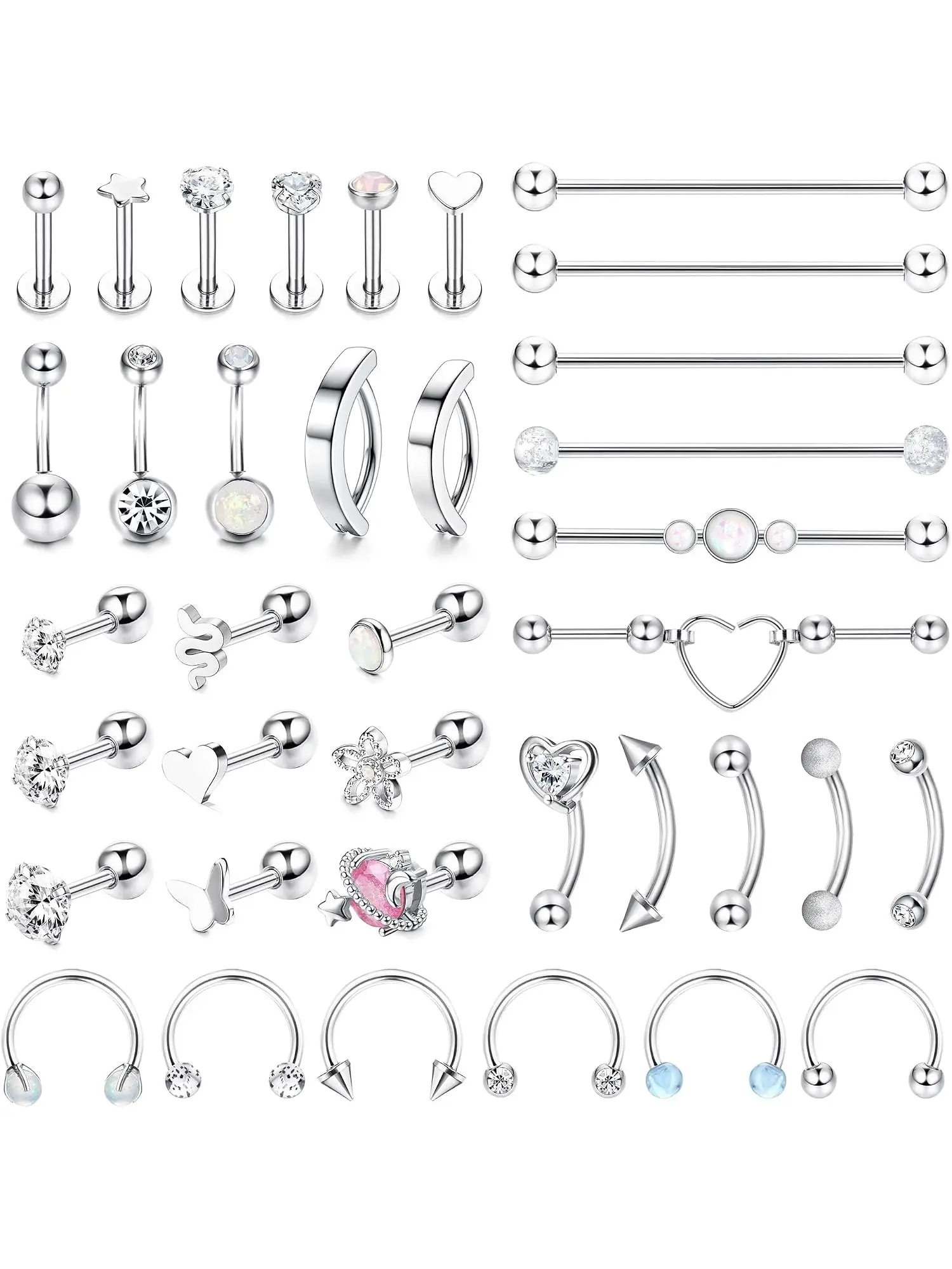 37 Pcs 14G-16G 316L Stainless Steel Body Piercing Jewelry Set for Women, Industrial Helix Cartilage Piercing Clicker Hoops, Belly Button Nose Piercing Jewelry Lip Eyebrow Horseshoe Septum Rings, Perfect for Daily Punk Festival Party Wear
