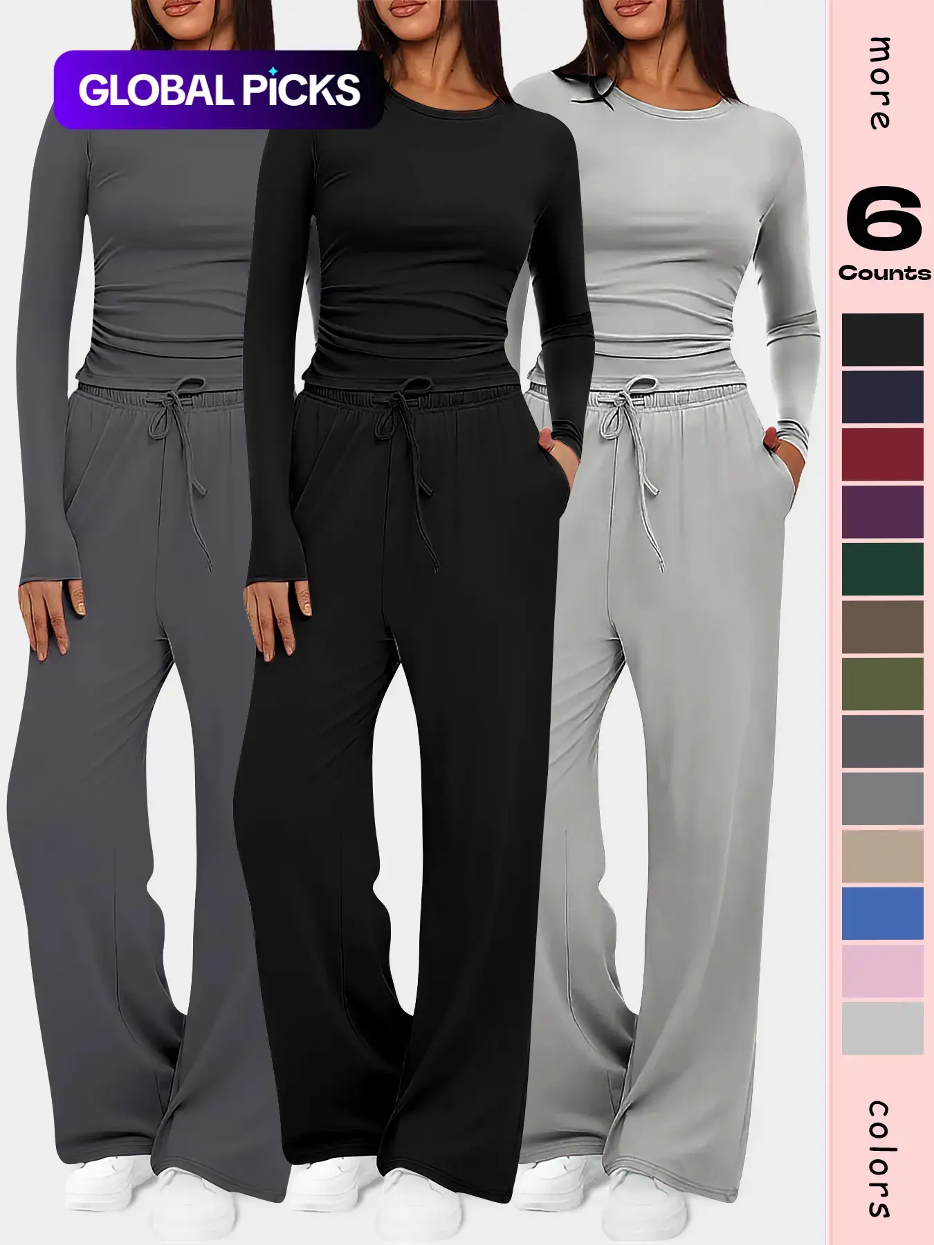 Women's 2 Counts Set Autumn and winter Outfits Lounge Sets Casual Tracksuit Ruched Short Sleeve Tops High Waisted Wide Leg Pants Matching Tracksuit Sets Solid Tracksuit Set