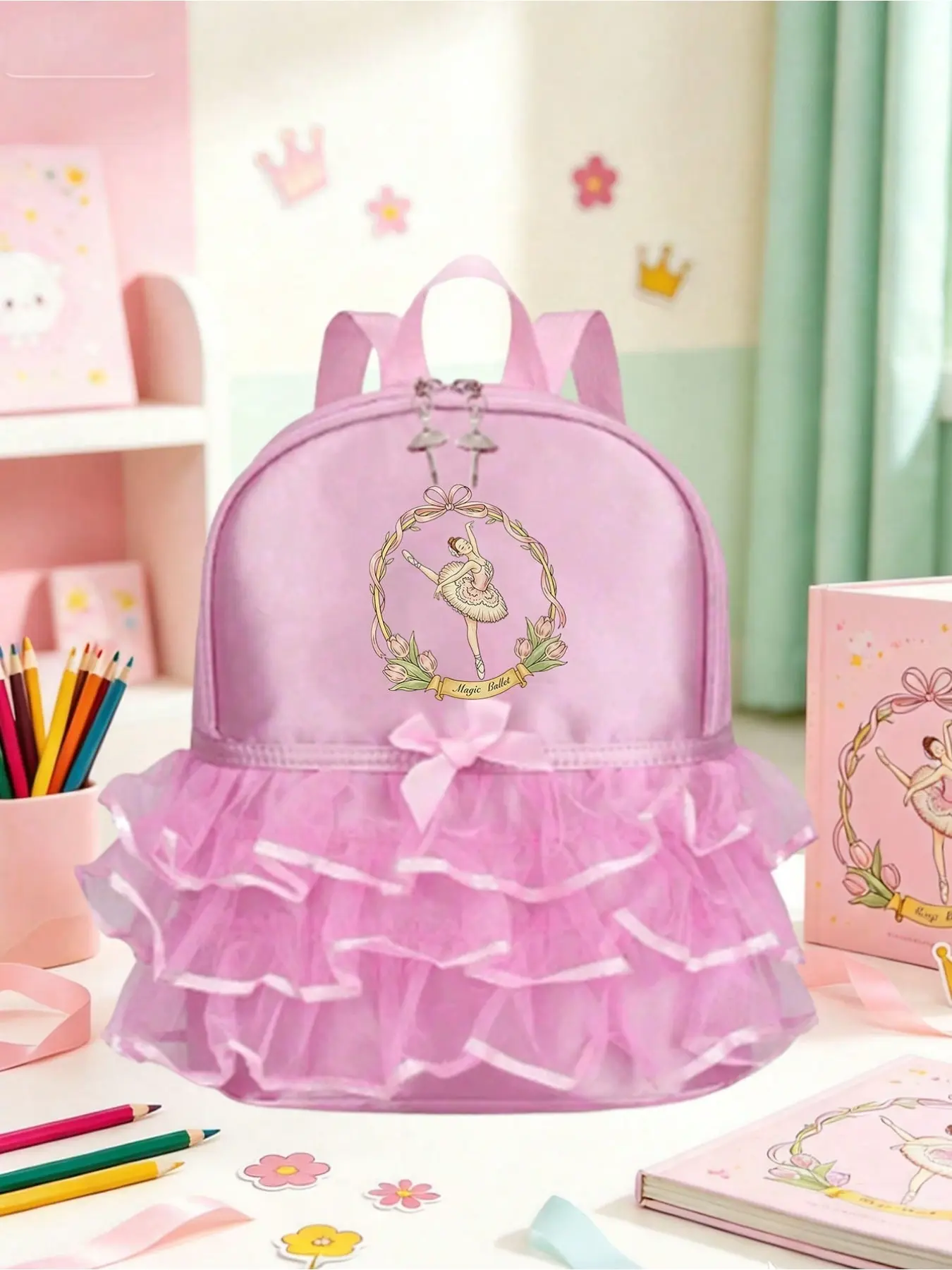 Women's Dance Storage Bag, Ballet Print Mesh Skirt Backpack, Large Capacity, Adjustable Straps, Sweet Princess Style, Fashion Gift