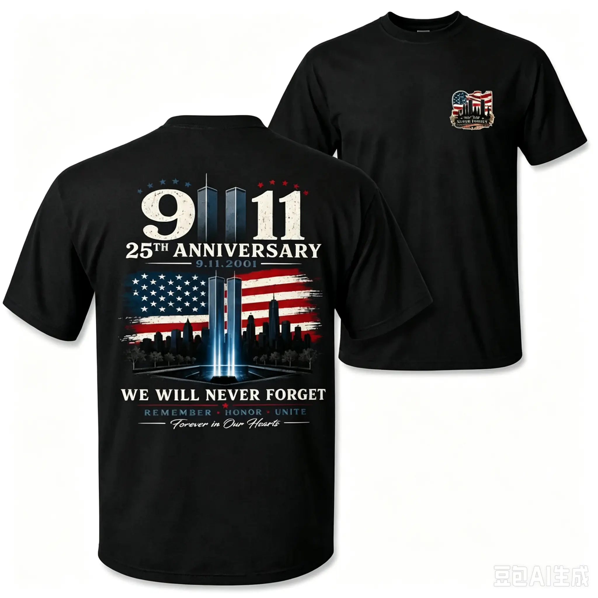 [MADE IN US] Classic Casual Basic Seamless Short-Sleeve Men's 911 25th Anniversary Memorial T-Shirt, Patriotic Twin Towers-American Flag 2-Sided Graphic, September 11 Remembrance Gift For Firefighter Families And Patriots, Tops, Cotton